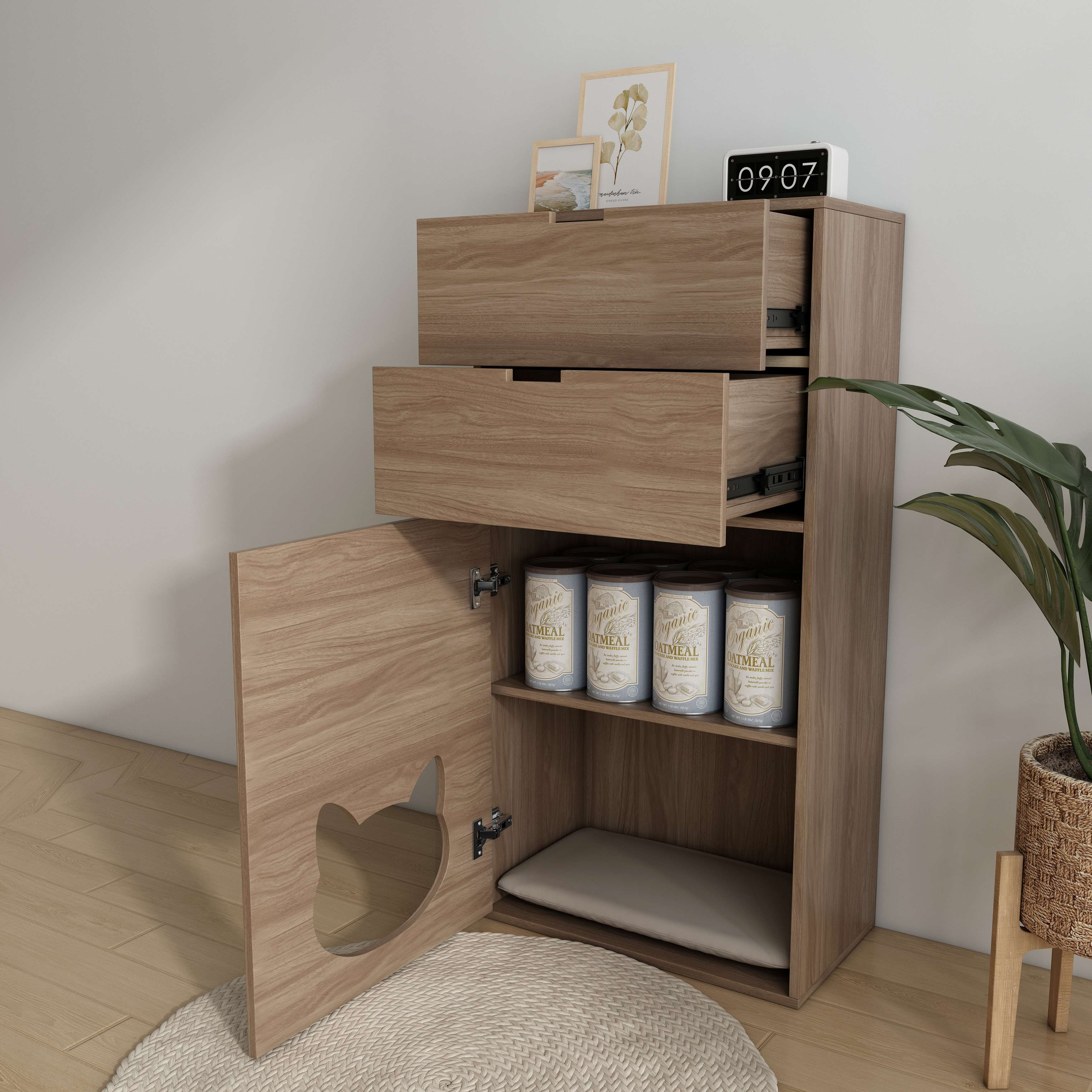 Tall Wooden Cat‑Friendly Storage Cabinet with Large Drawers & Built‑In Cat Nook