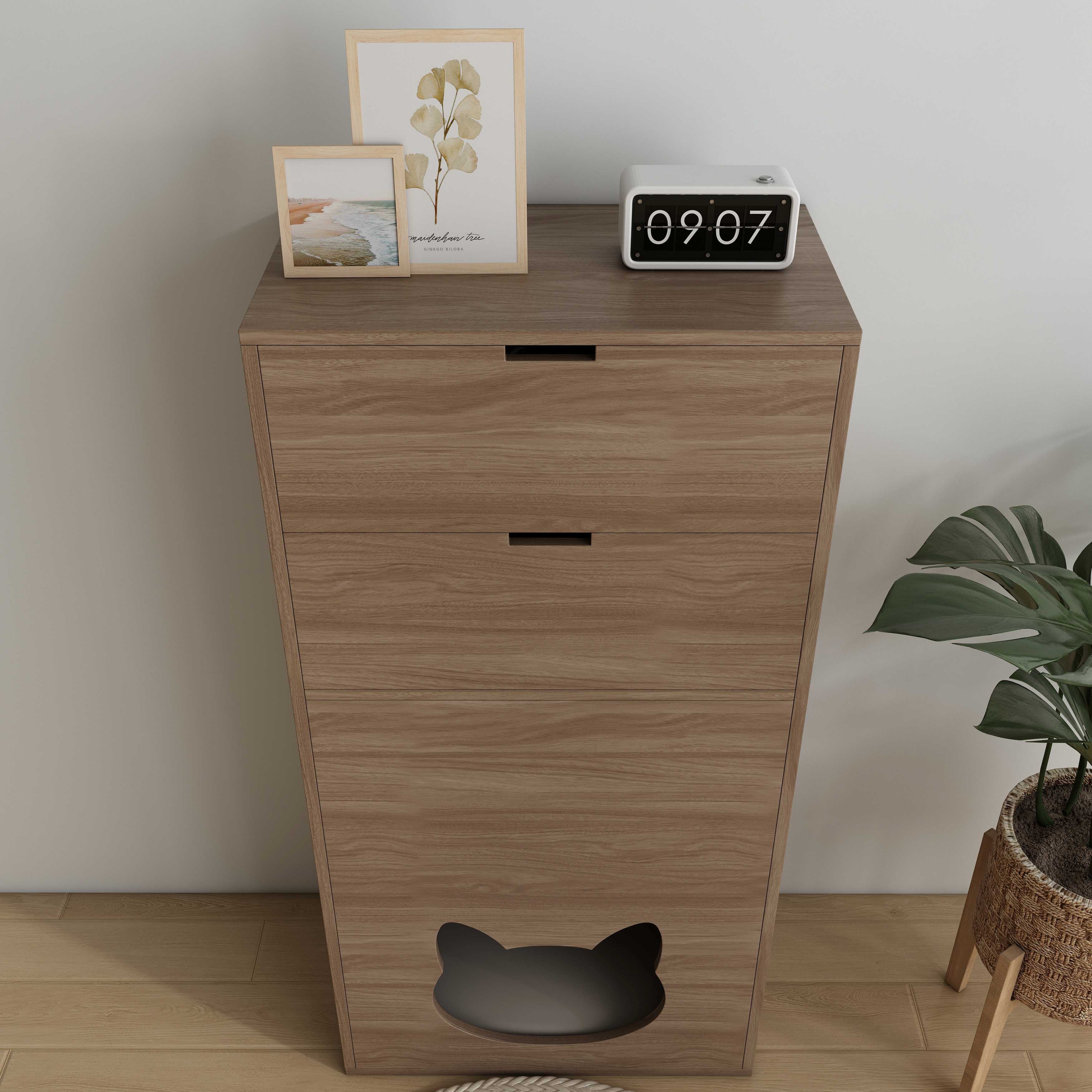 Tall Wooden Cat‑Friendly Storage Cabinet with Large Drawers & Built‑In Cat Nook