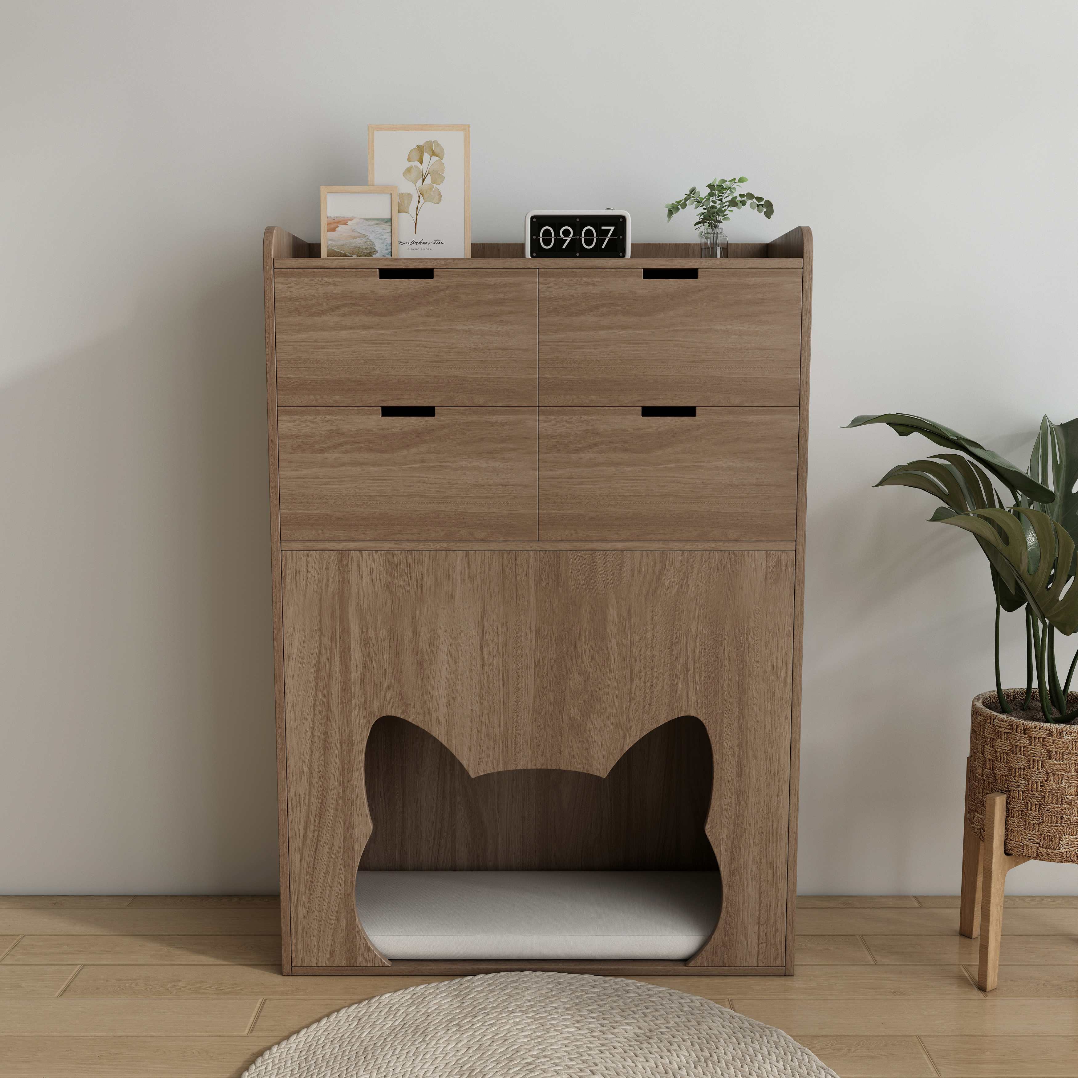 Wooden Cat‑Friendly Storage Chest with 4 Drawers & Built‑In Cat‑Ear Nook