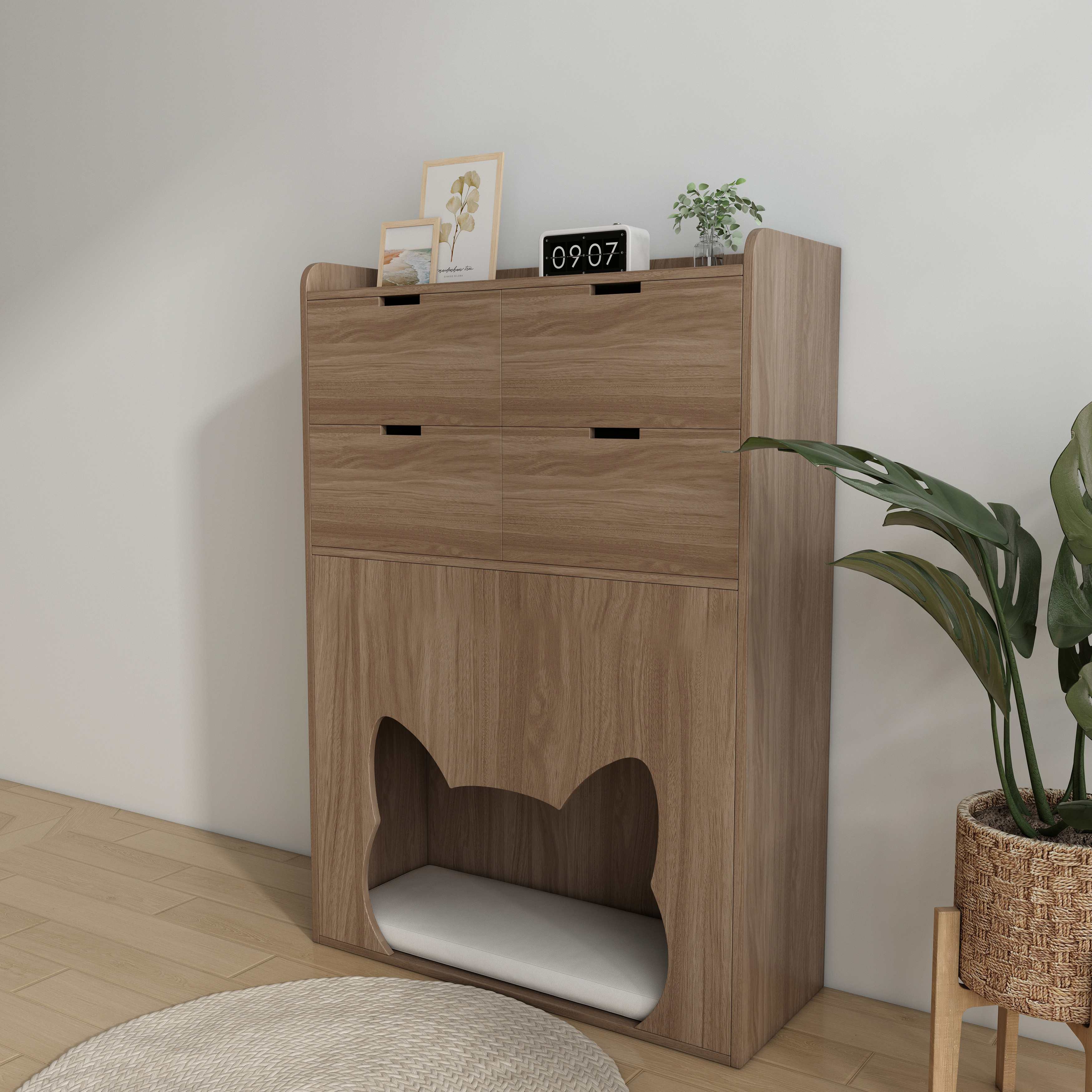 Wooden Cat‑Friendly Storage Chest with 4 Drawers & Built‑In Cat‑Ear Nook