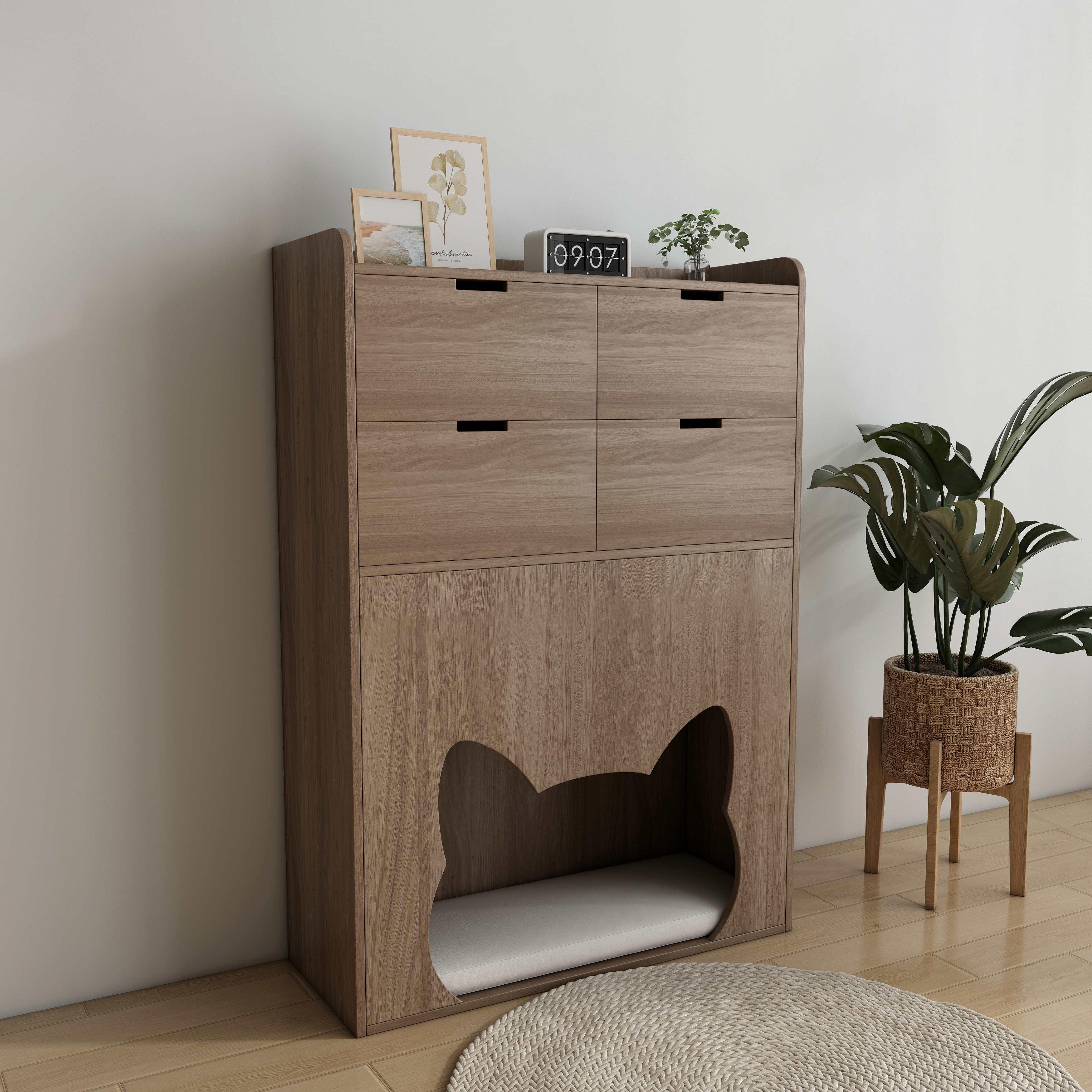 Wooden Cat‑Friendly Storage Chest with 4 Drawers & Built‑In Cat‑Ear Nook