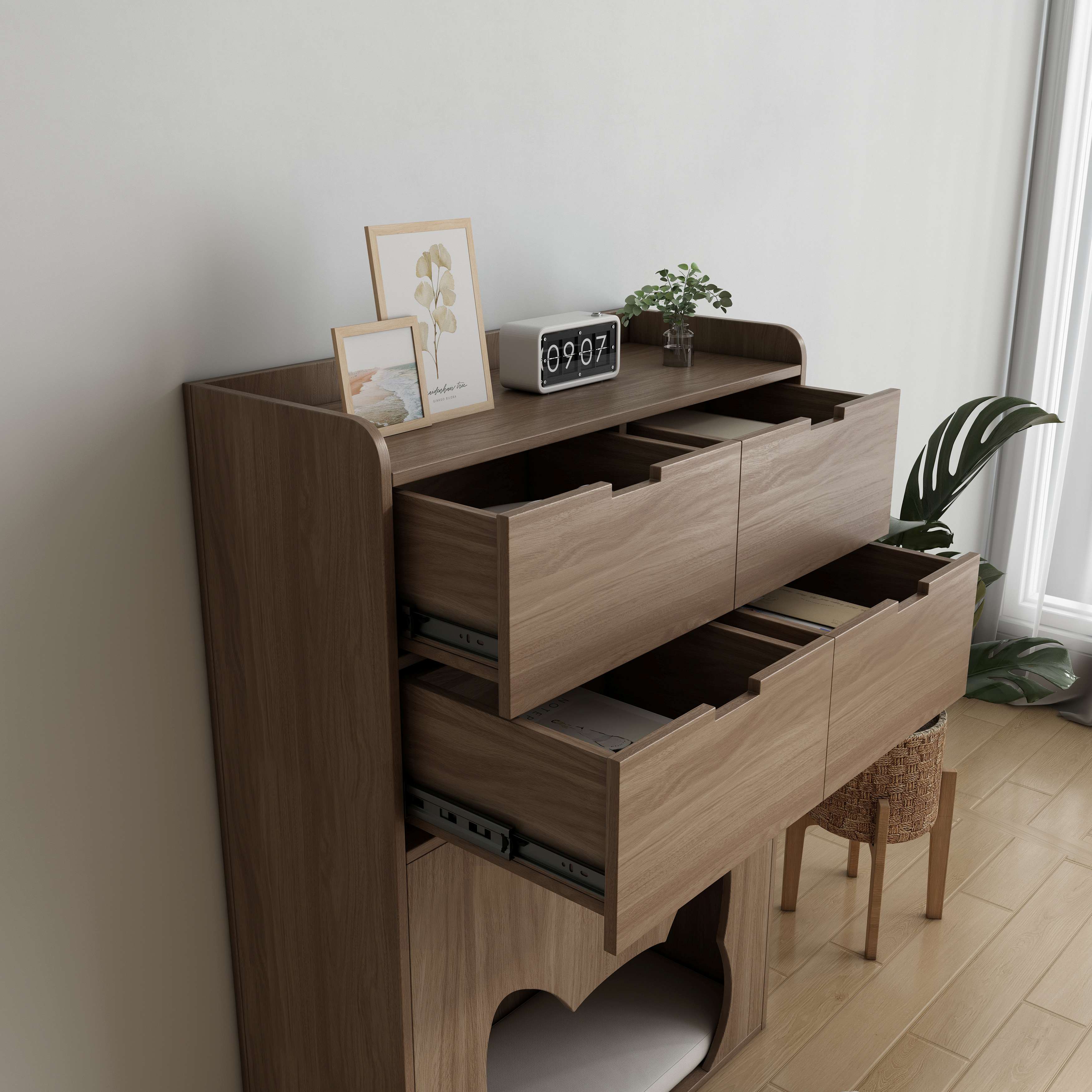 Wooden Cat‑Friendly Storage Chest with 4 Drawers & Built‑In Cat‑Ear Nook