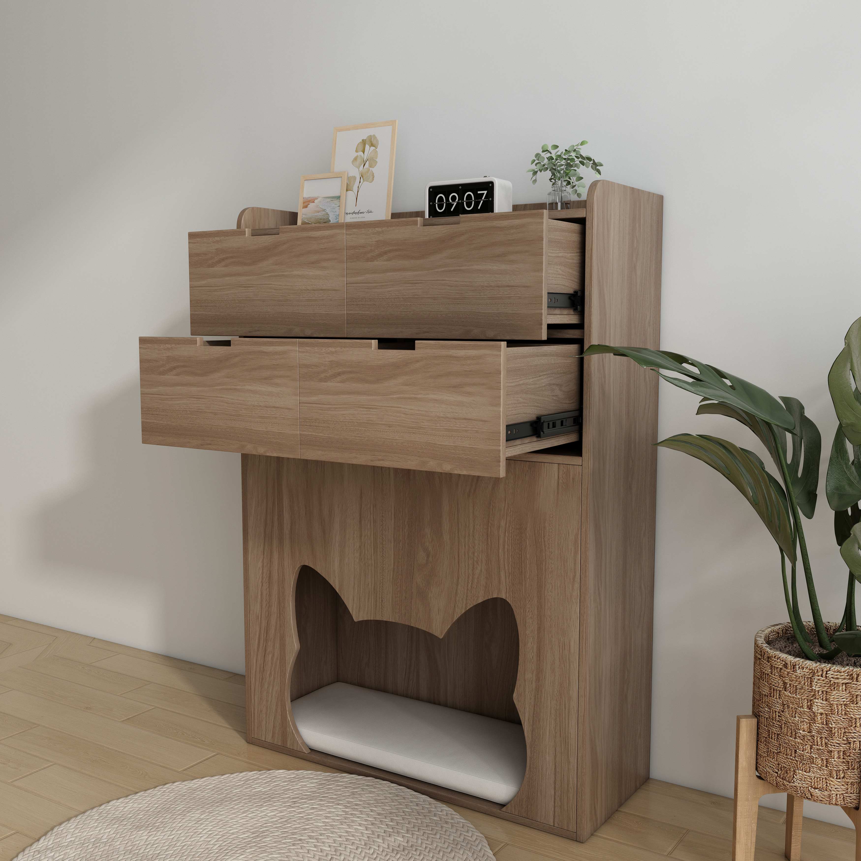 Wooden Cat‑Friendly Storage Chest with 4 Drawers & Built‑In Cat‑Ear Nook