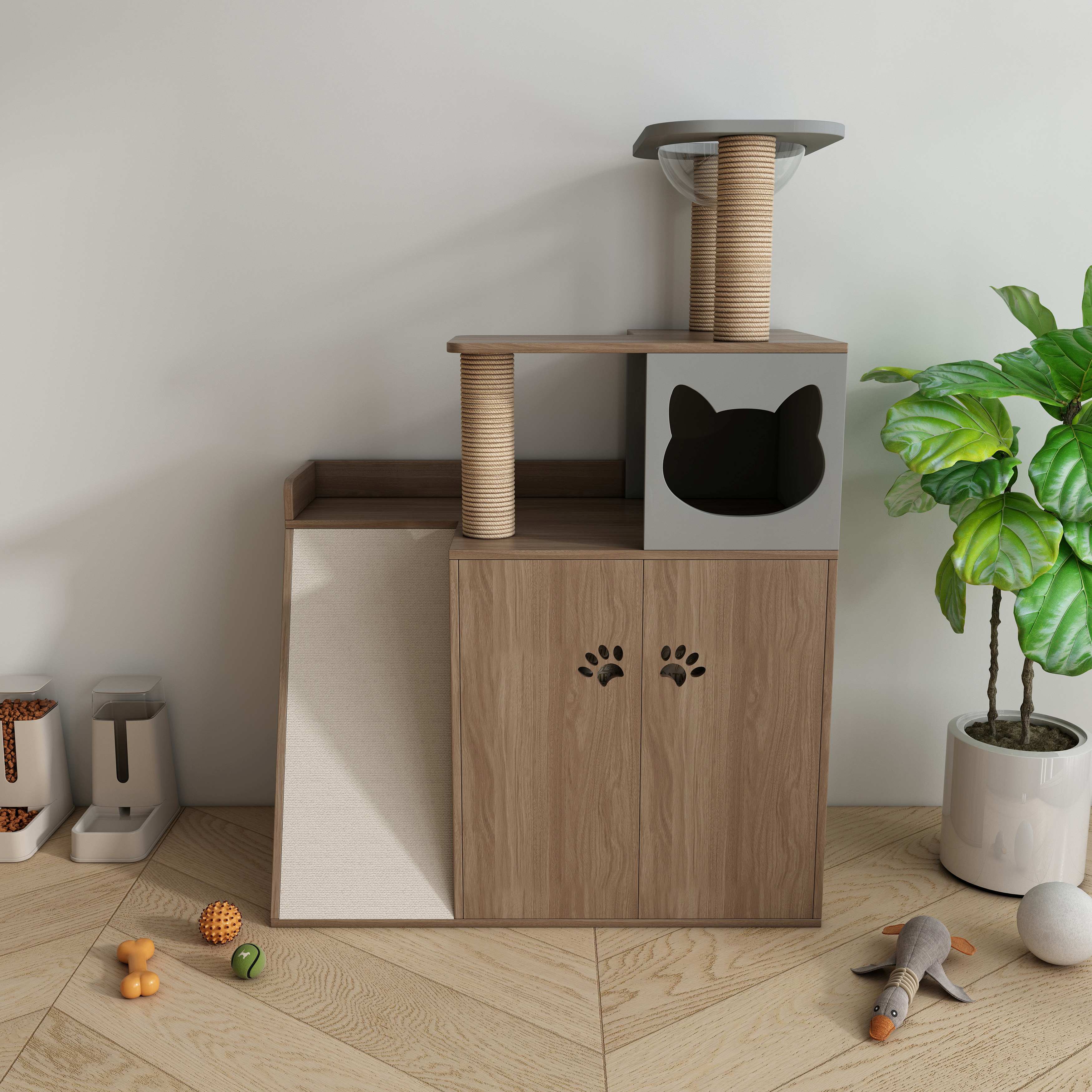 All‑in‑One Wooden Cat Tree Cabinet with Scratching Posts, Perches & Hidden Cat Cave