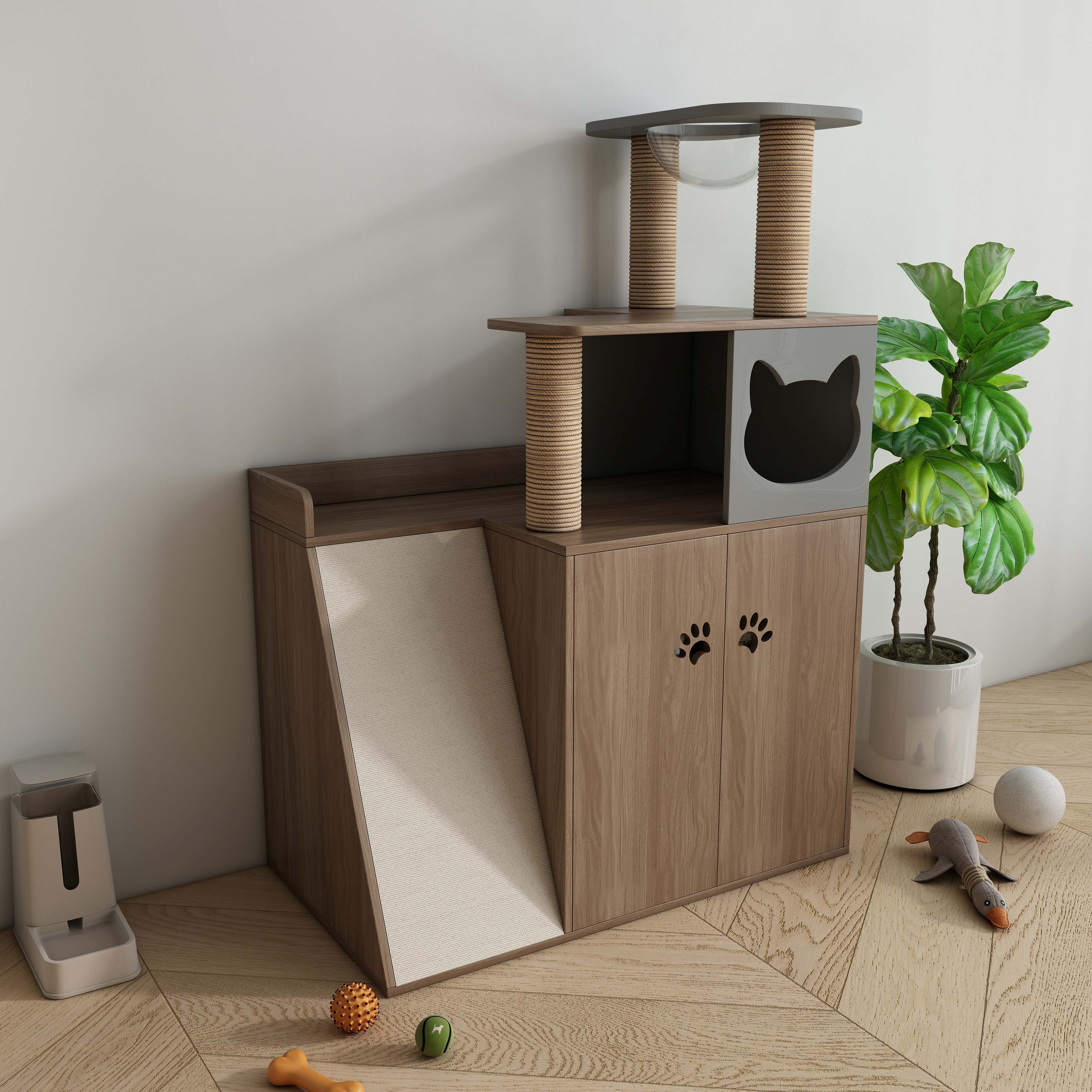 All‑in‑One Wooden Cat Tree Cabinet with Scratching Posts, Perches & Hidden Cat Cave