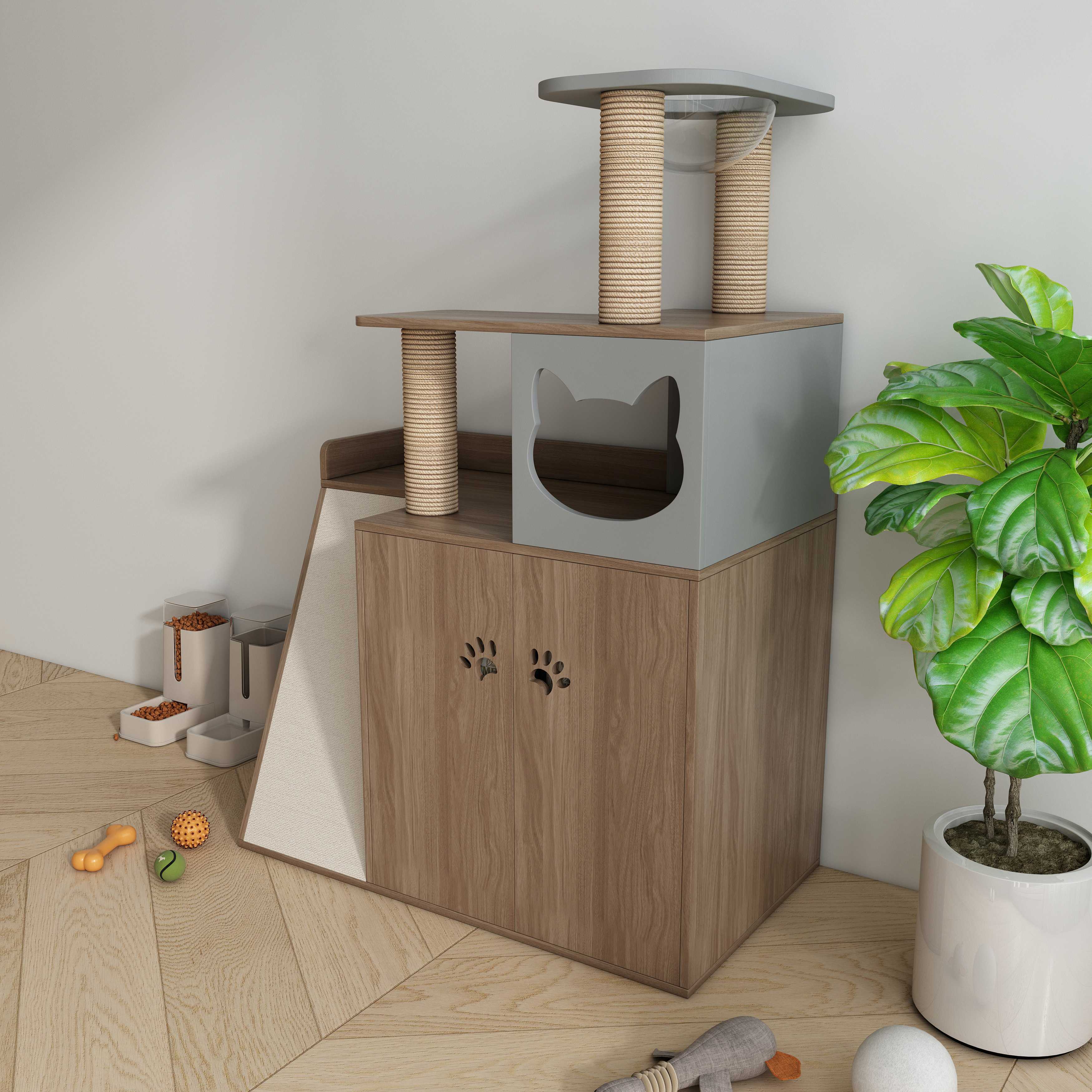 All‑in‑One Wooden Cat Tree Cabinet with Scratching Posts, Perches & Hidden Cat Cave