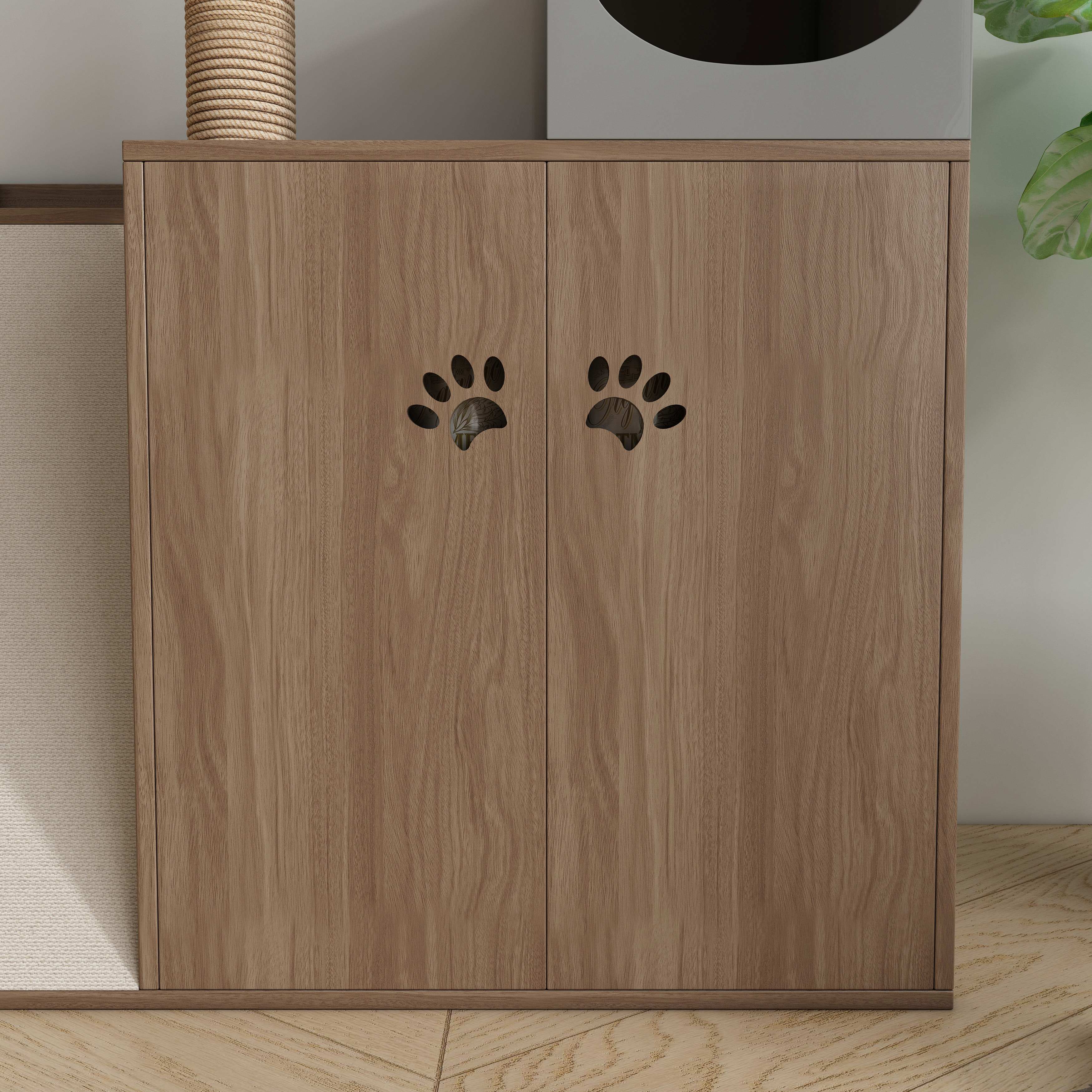 All‑in‑One Wooden Cat Tree Cabinet with Scratching Posts, Perches & Hidden Cat Cave