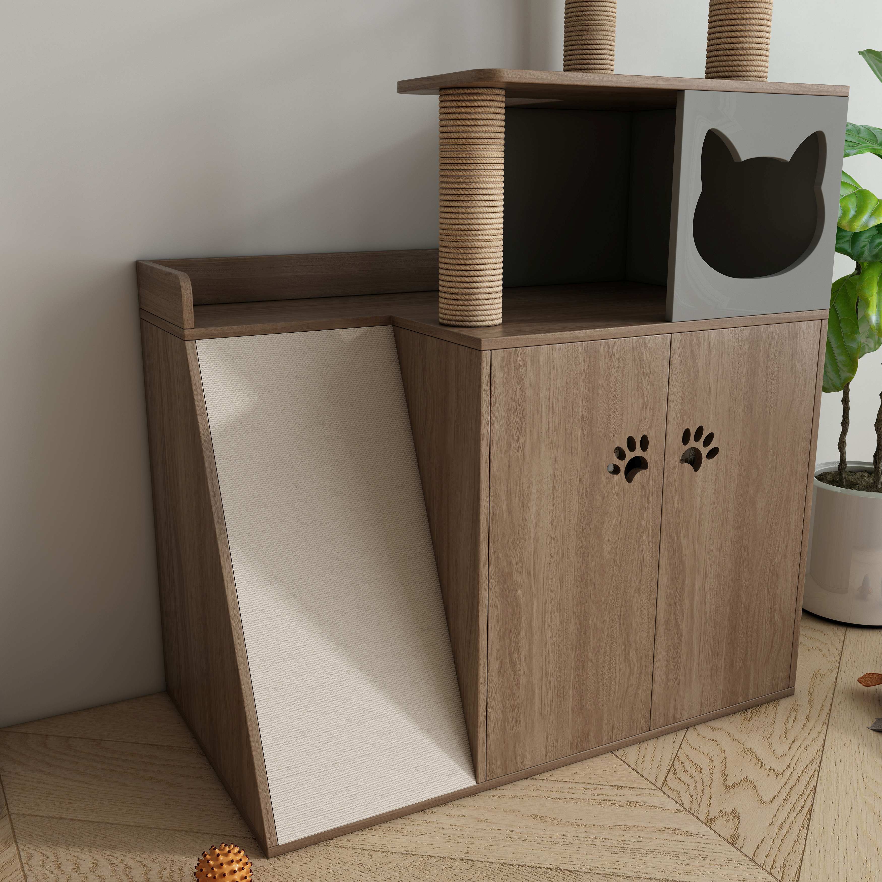 All‑in‑One Wooden Cat Tree Cabinet with Scratching Posts, Perches & Hidden Cat Cave