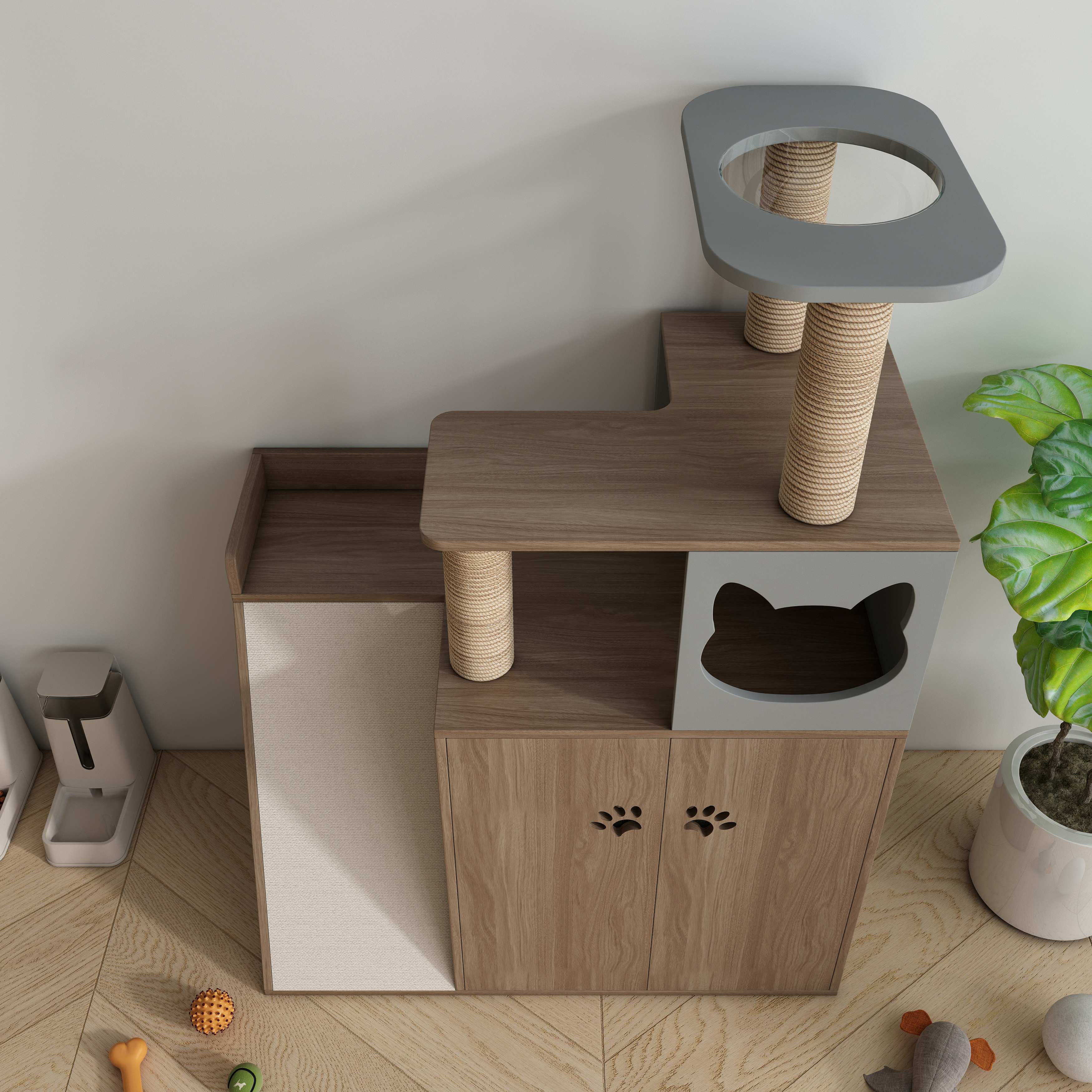 All‑in‑One Wooden Cat Tree Cabinet with Scratching Posts, Perches & Hidden Cat Cave