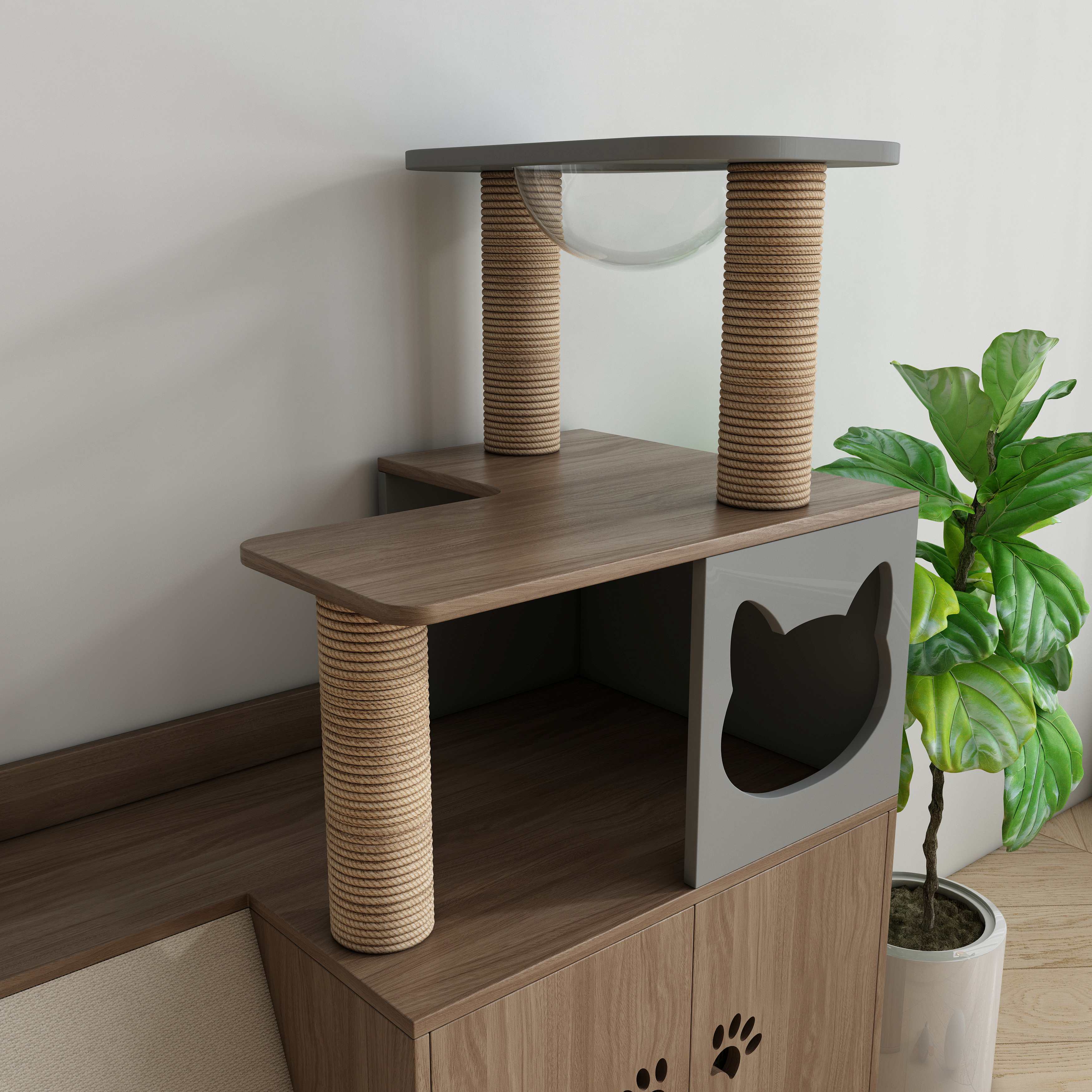 All‑in‑One Wooden Cat Tree Cabinet with Scratching Posts, Perches & Hidden Cat Cave
