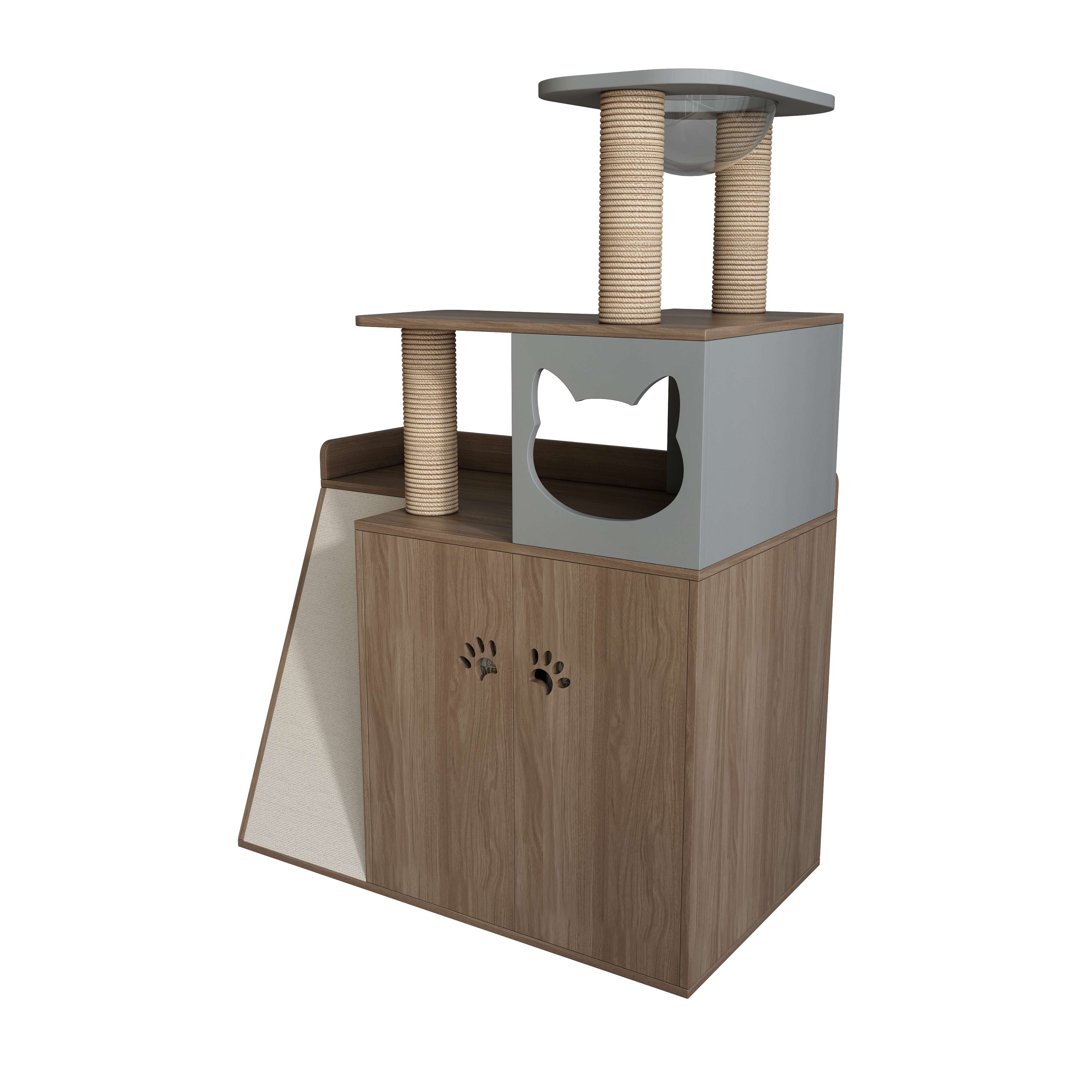 All‑in‑One Wooden Cat Tree Cabinet with Scratching Posts, Perches & Hidden Cat Cave