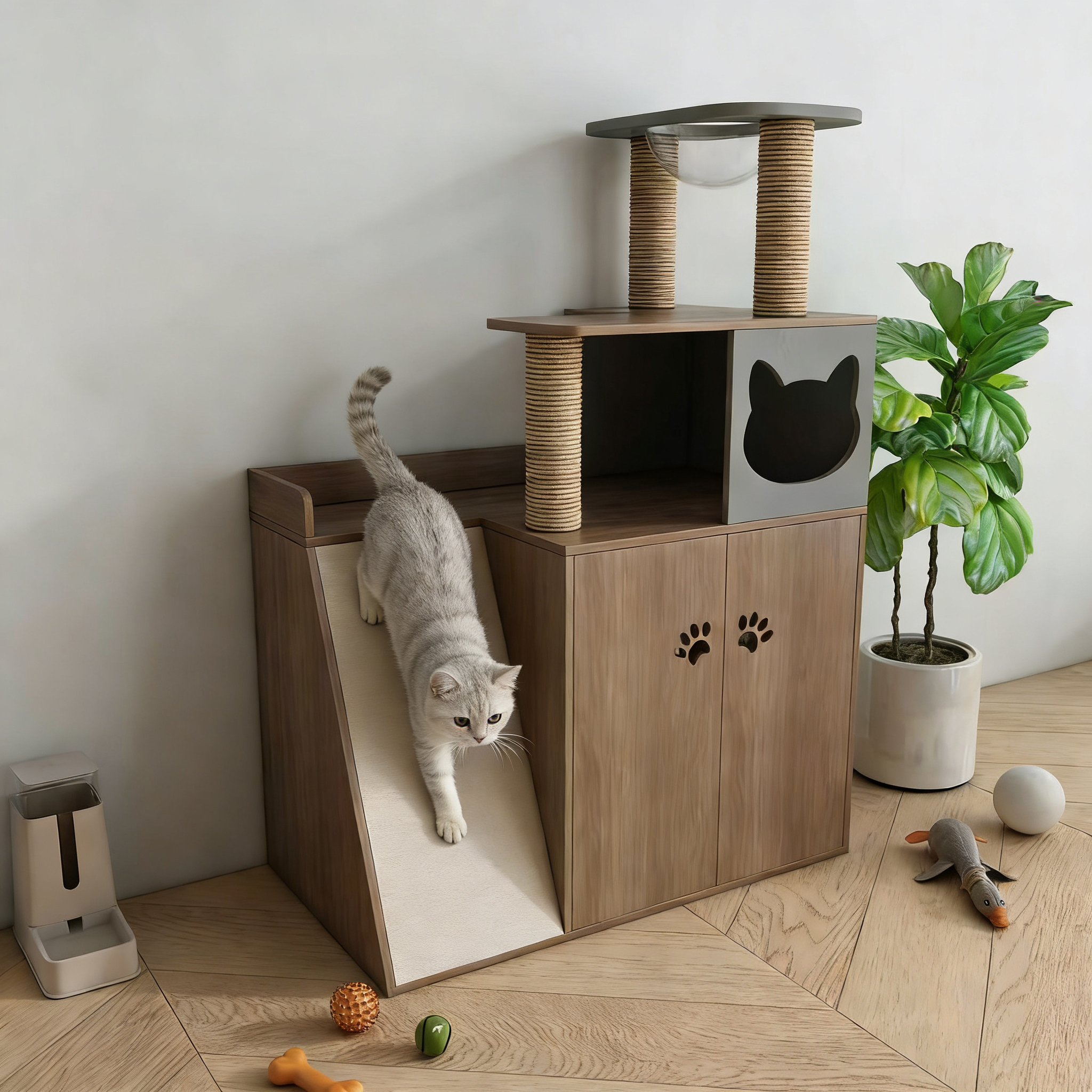All‑in‑One Wooden Cat Tree Cabinet with Scratching Posts, Perches & Hidden Cat Cave