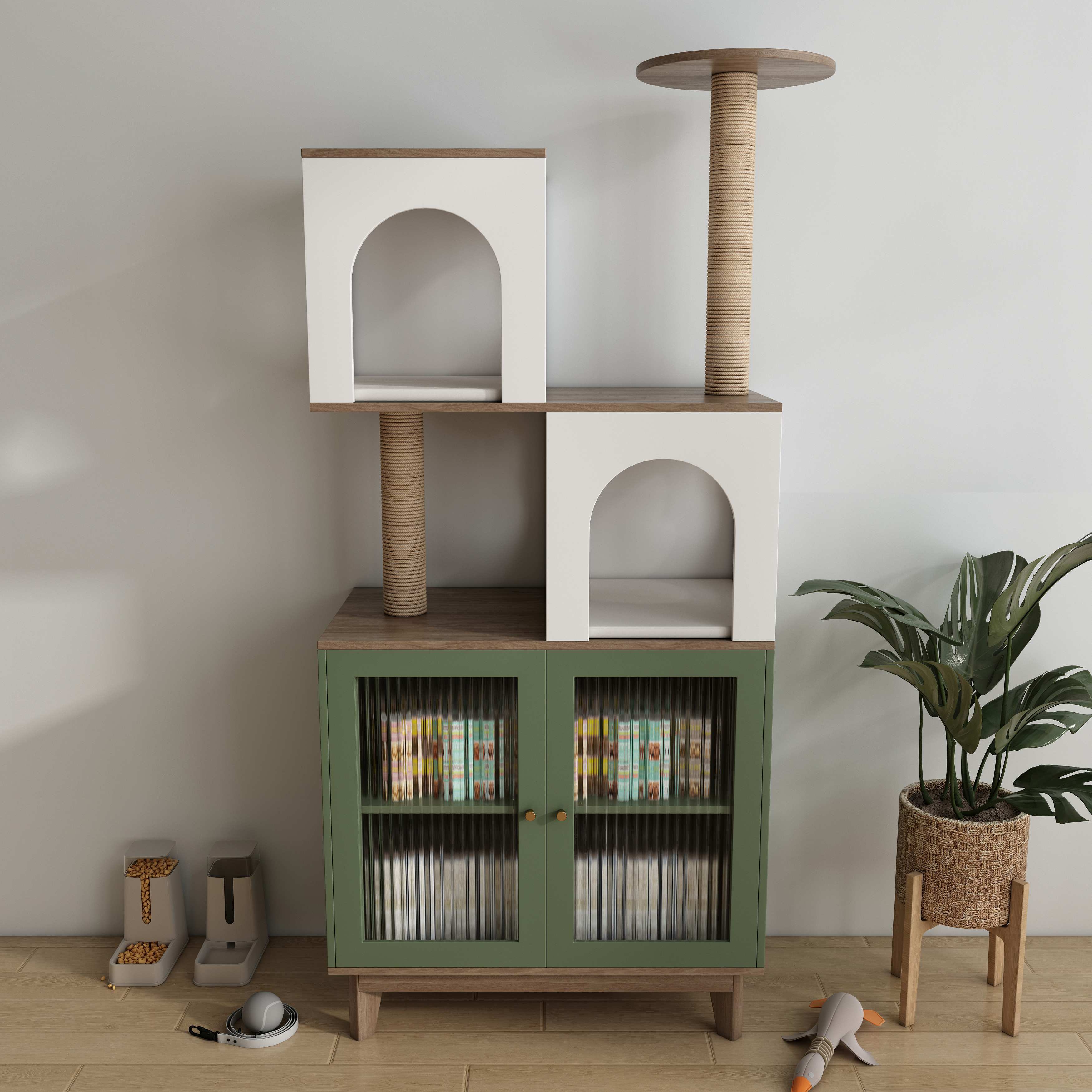 Boho Wooden Cat Tree Storage Cabinet with Arched Cat Nooks & Sisal Scratching Posts