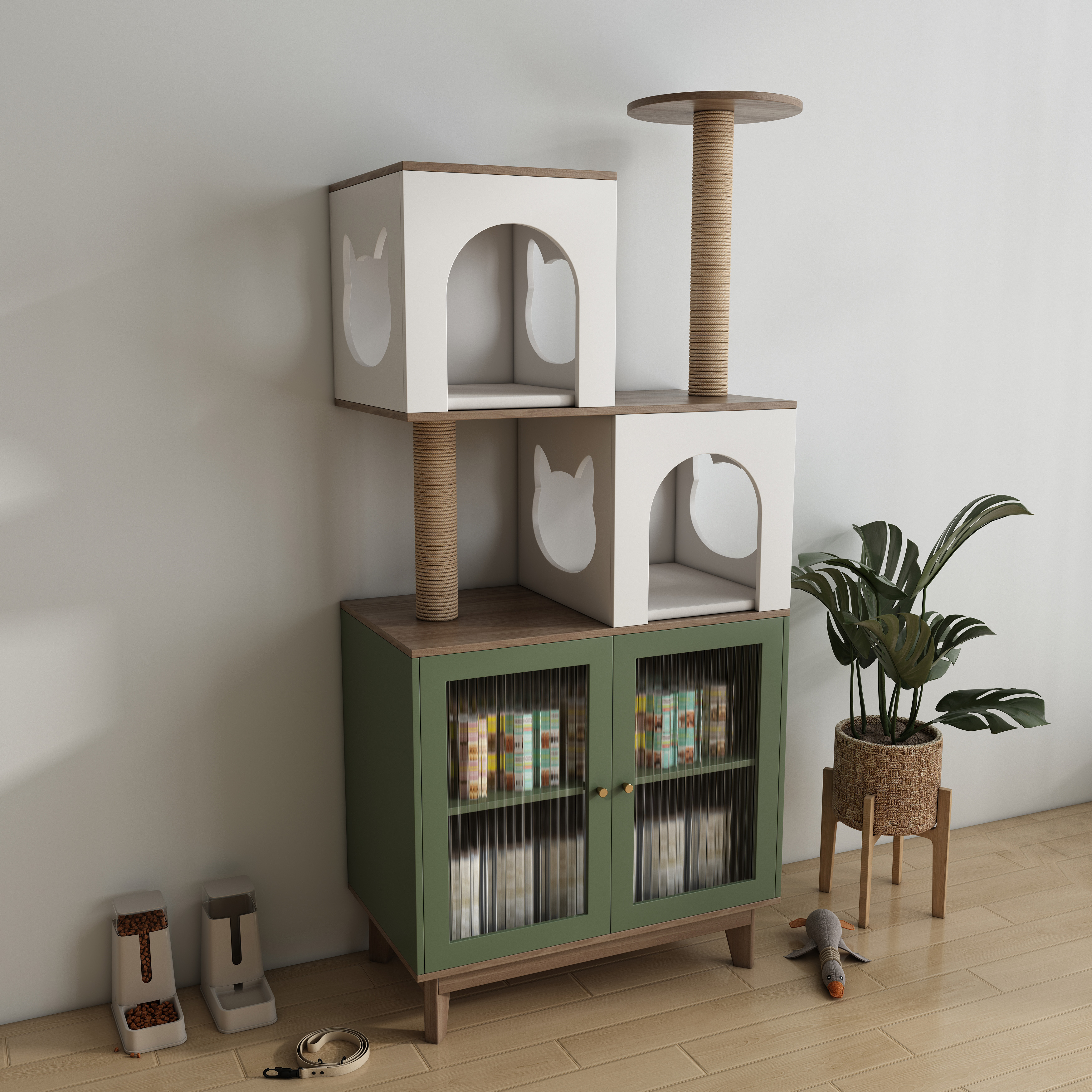 Boho Wooden Cat Tree Storage Cabinet with Arched Cat Nooks & Sisal Scratching Posts