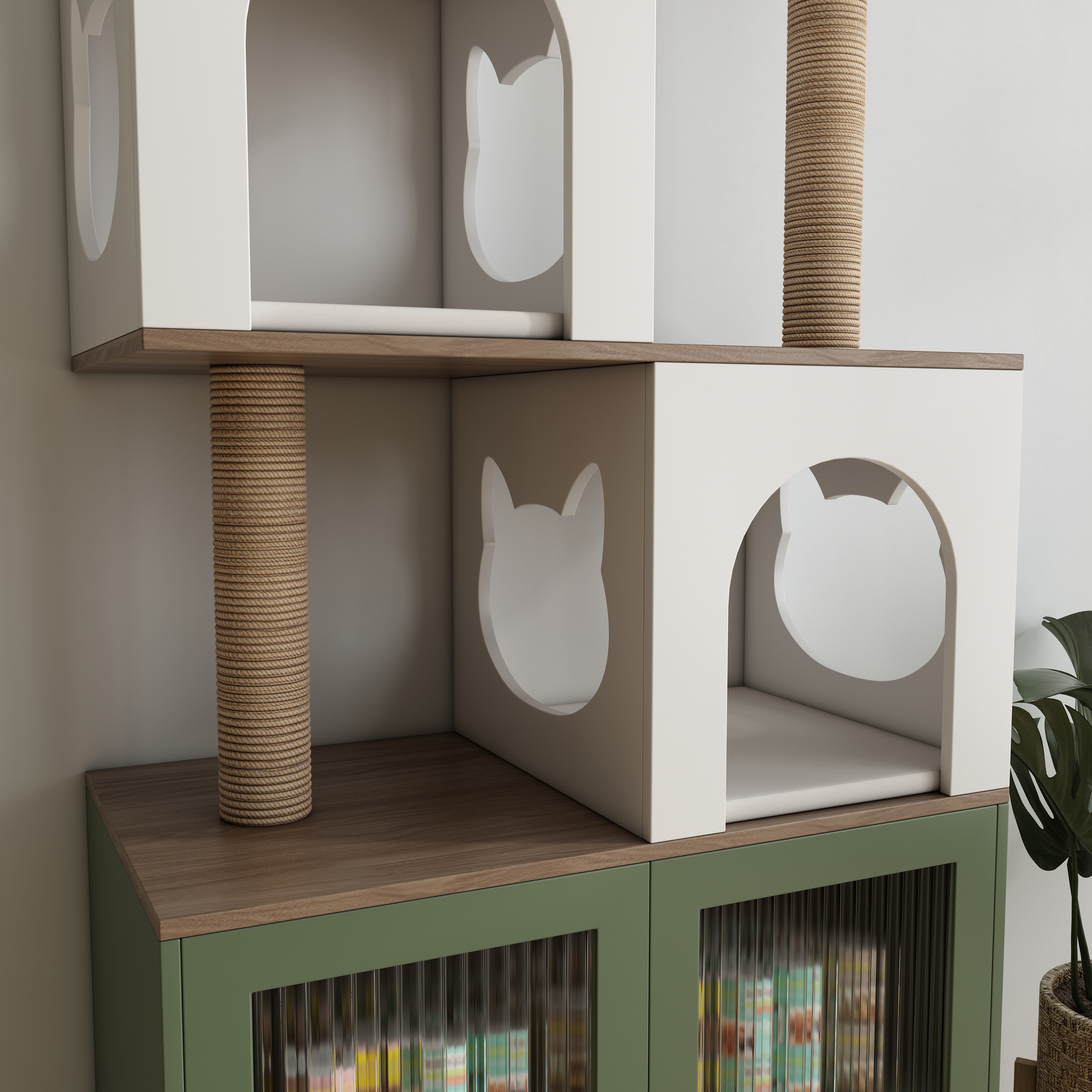 Boho Wooden Cat Tree Storage Cabinet with Arched Cat Nooks & Sisal Scratching Posts