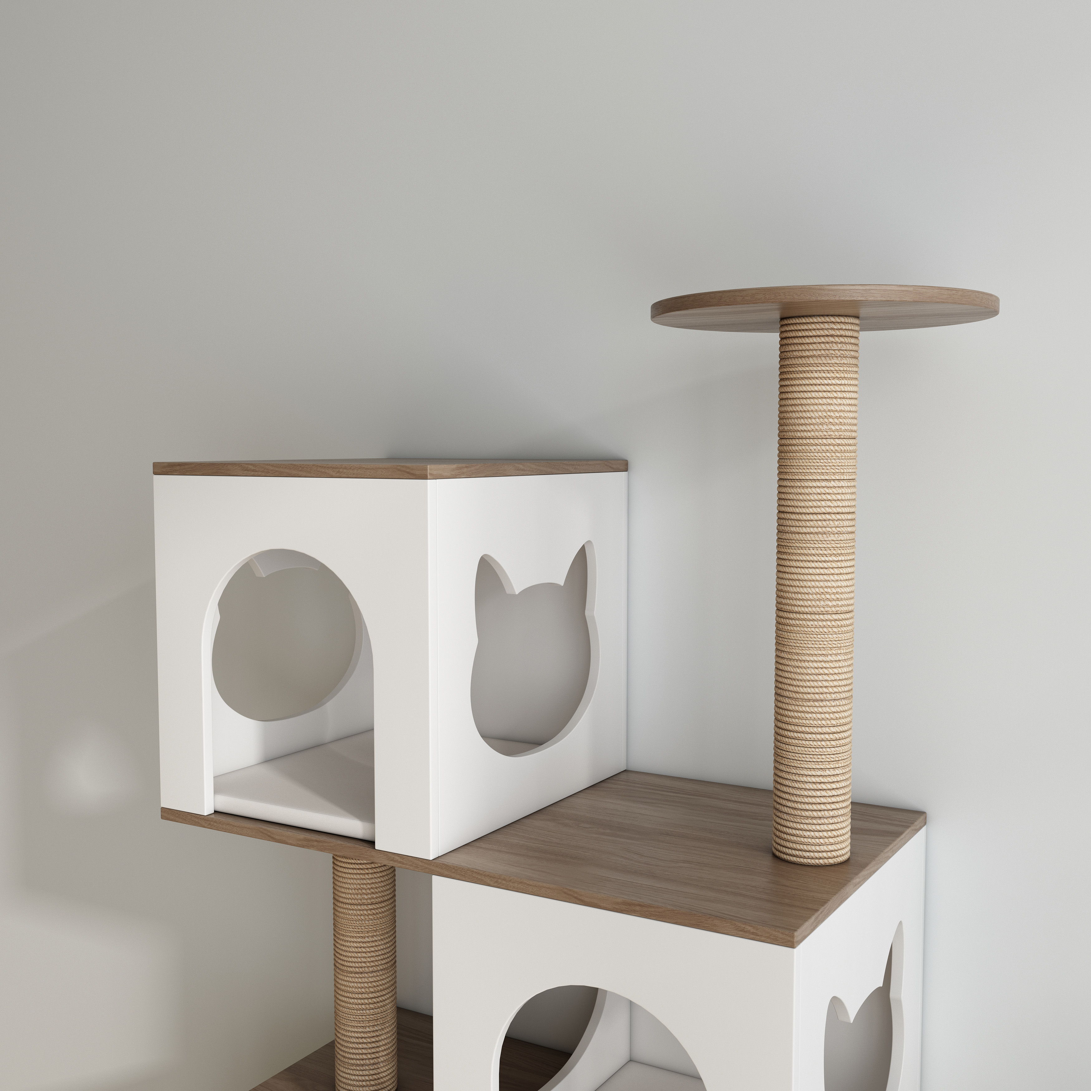 Boho Wooden Cat Tree Storage Cabinet with Arched Cat Nooks & Sisal Scratching Posts