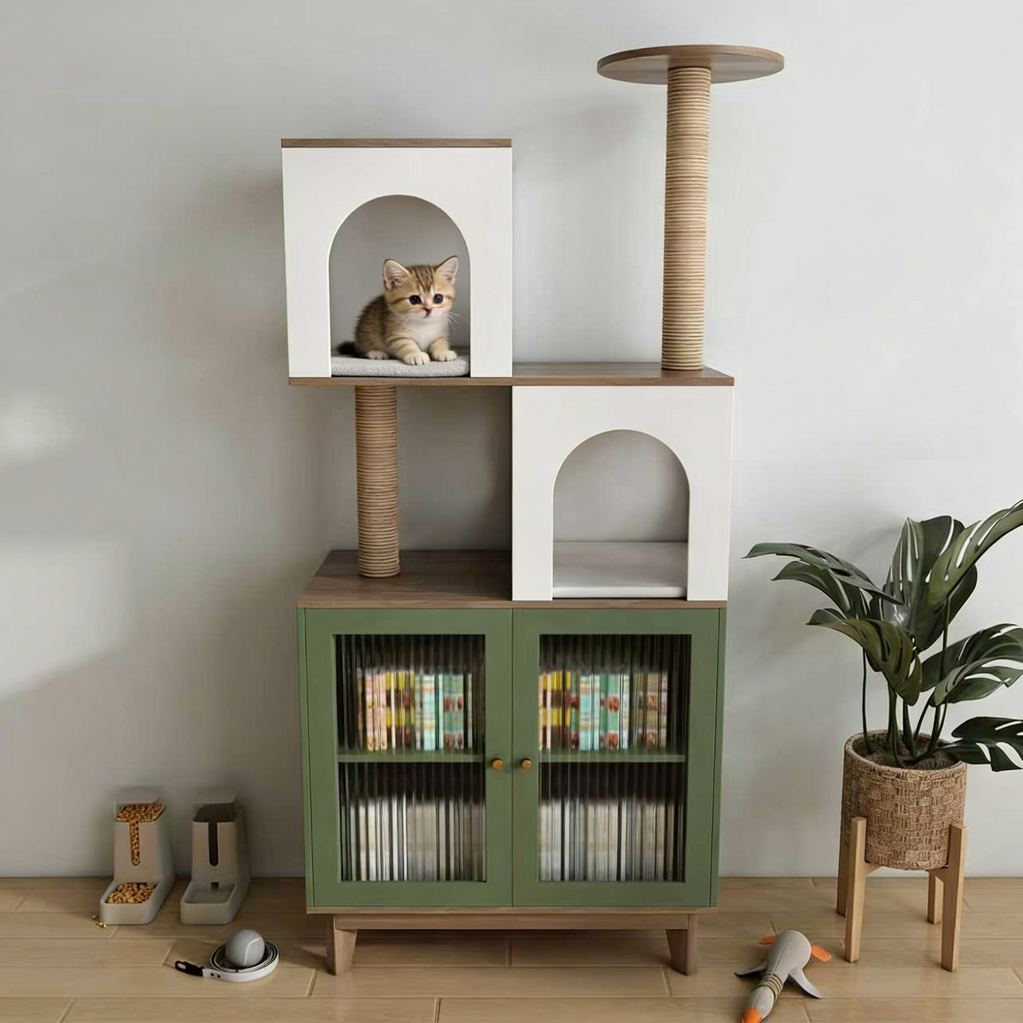 Boho Wooden Cat Tree Storage Cabinet with Arched Cat Nooks & Sisal Scratching Posts