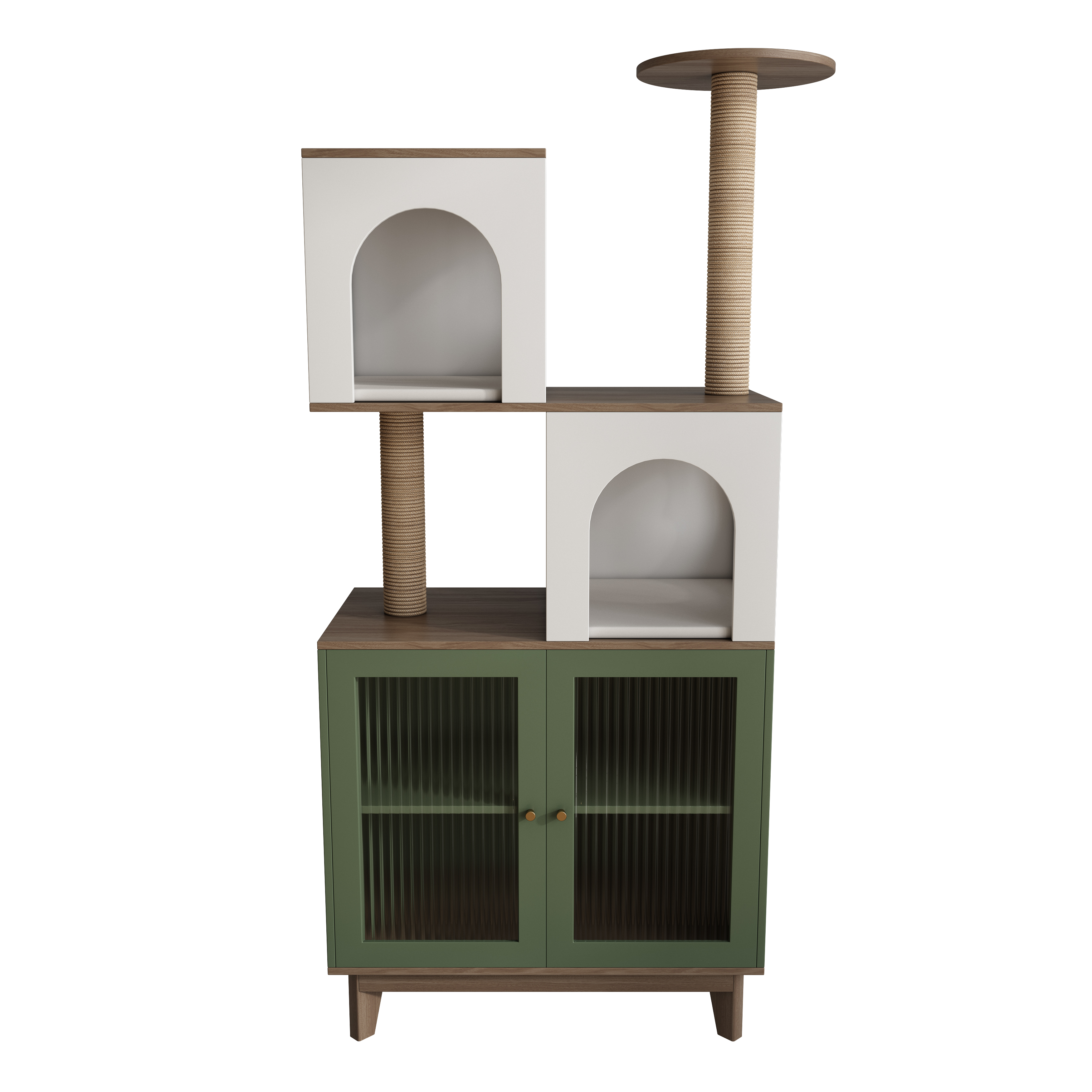 Boho Wooden Cat Tree Storage Cabinet with Arched Cat Nooks & Sisal Scratching Posts
