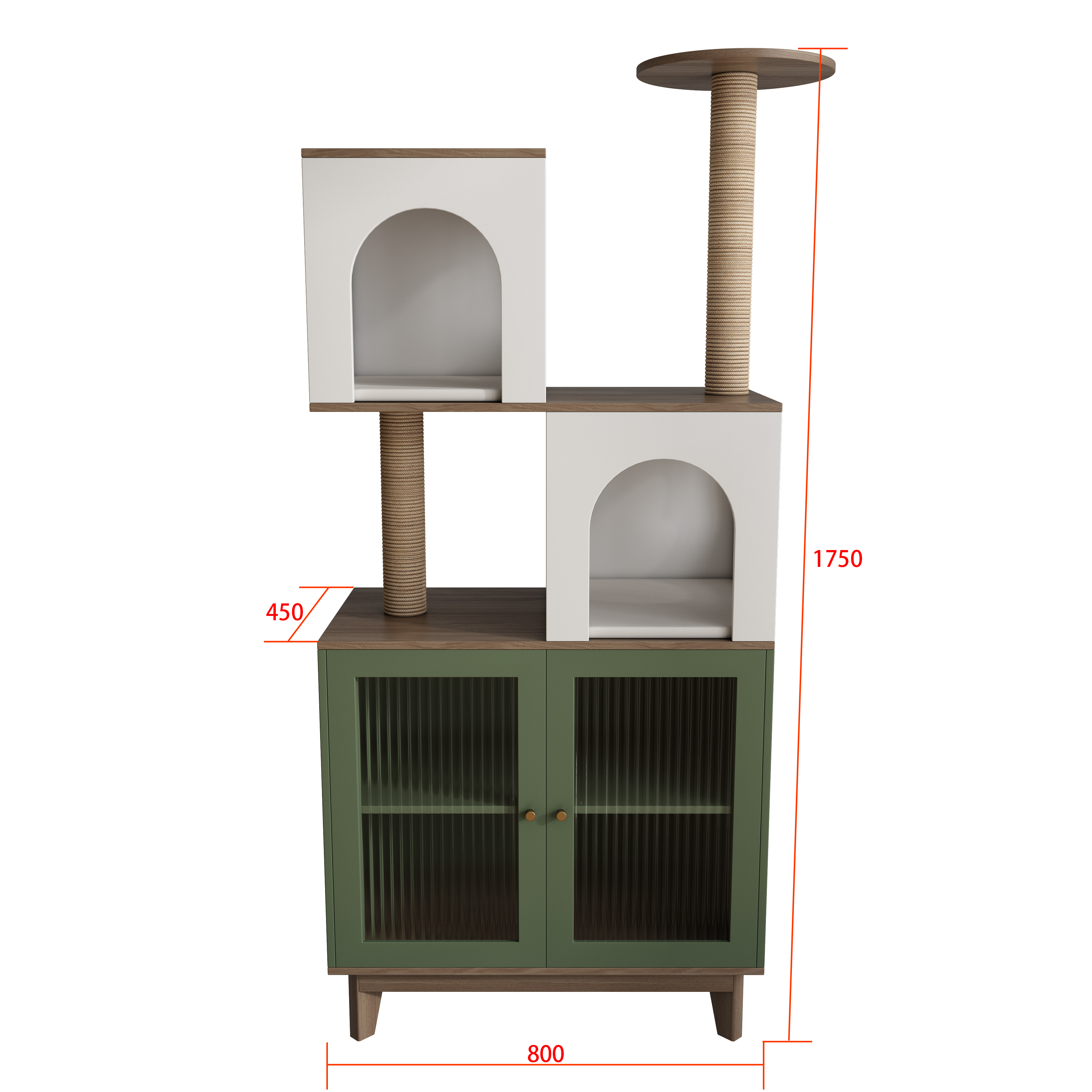 Boho Wooden Cat Tree Storage Cabinet with Arched Cat Nooks & Sisal Scratching Posts