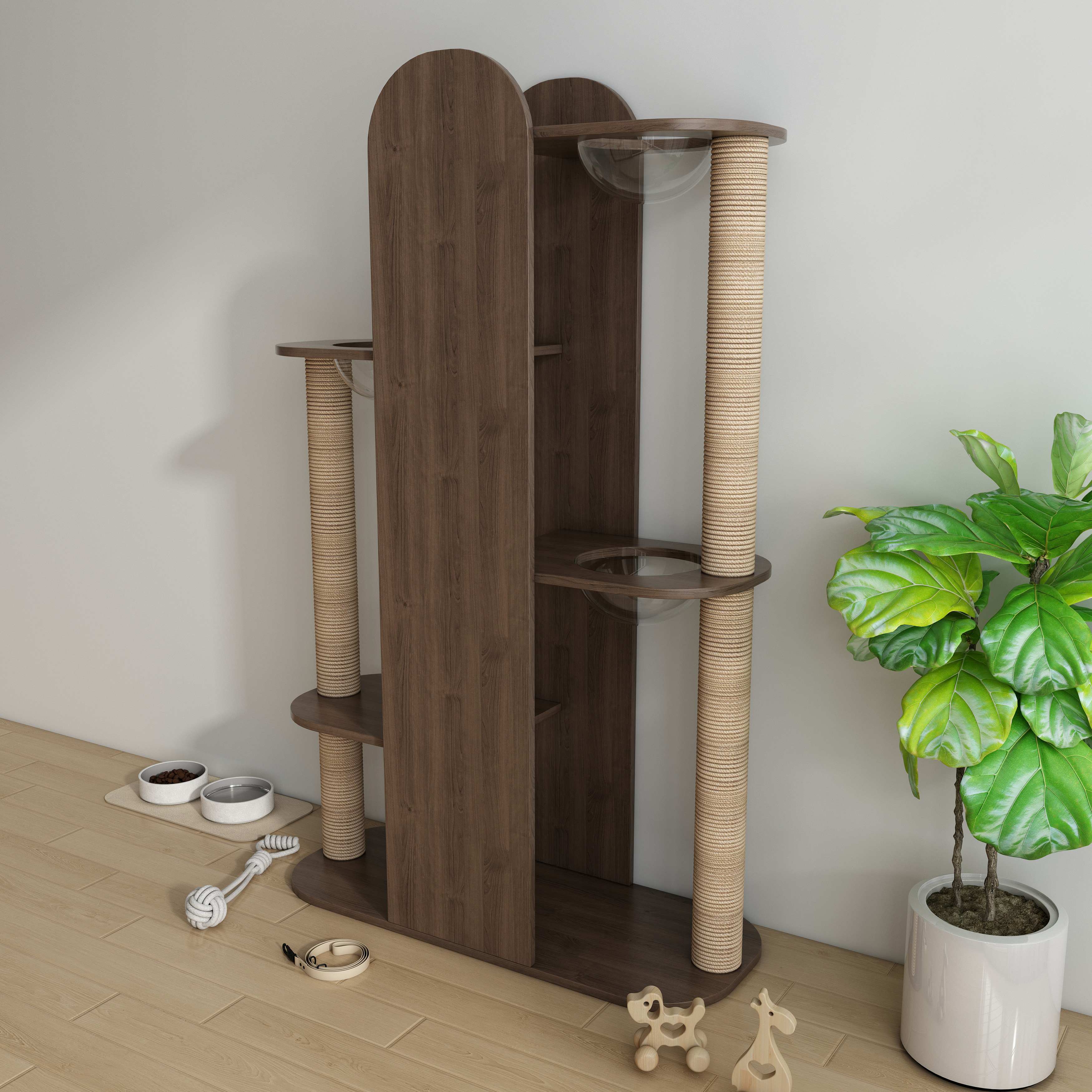 Tall Modern Wooden Cat Tower with Sisal Scratching Posts & Transparent Bubble Perches