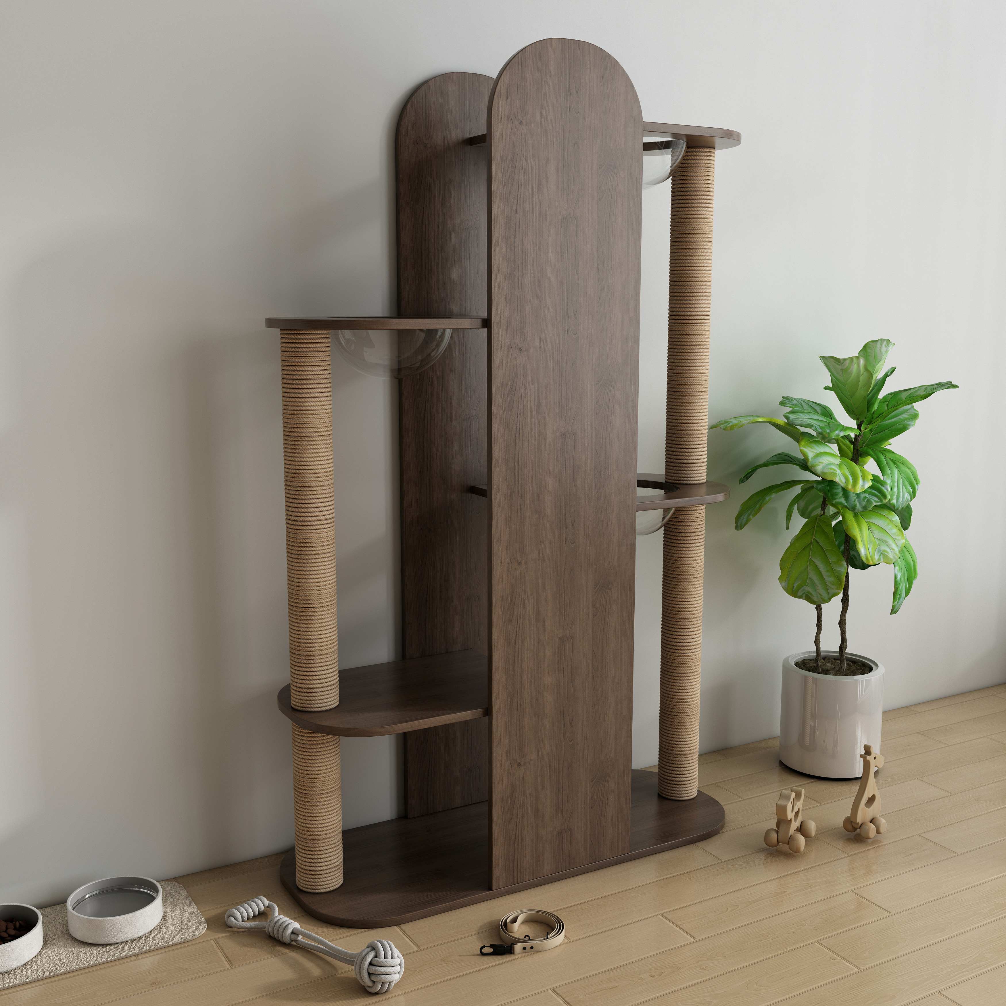 Tall Modern Wooden Cat Tower with Sisal Scratching Posts & Transparent Bubble Perches