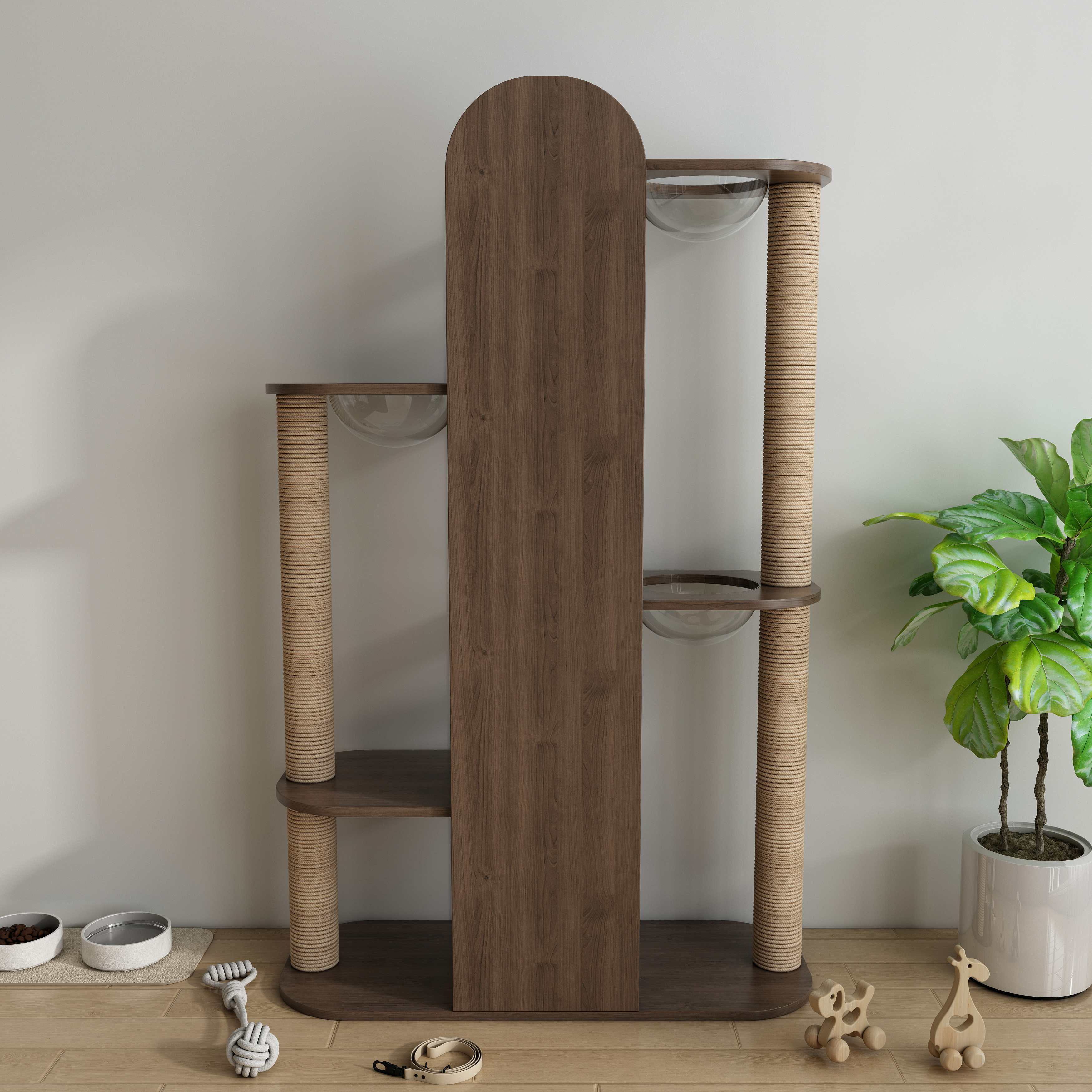 Tall Modern Wooden Cat Tower with Sisal Scratching Posts & Transparent Bubble Perches