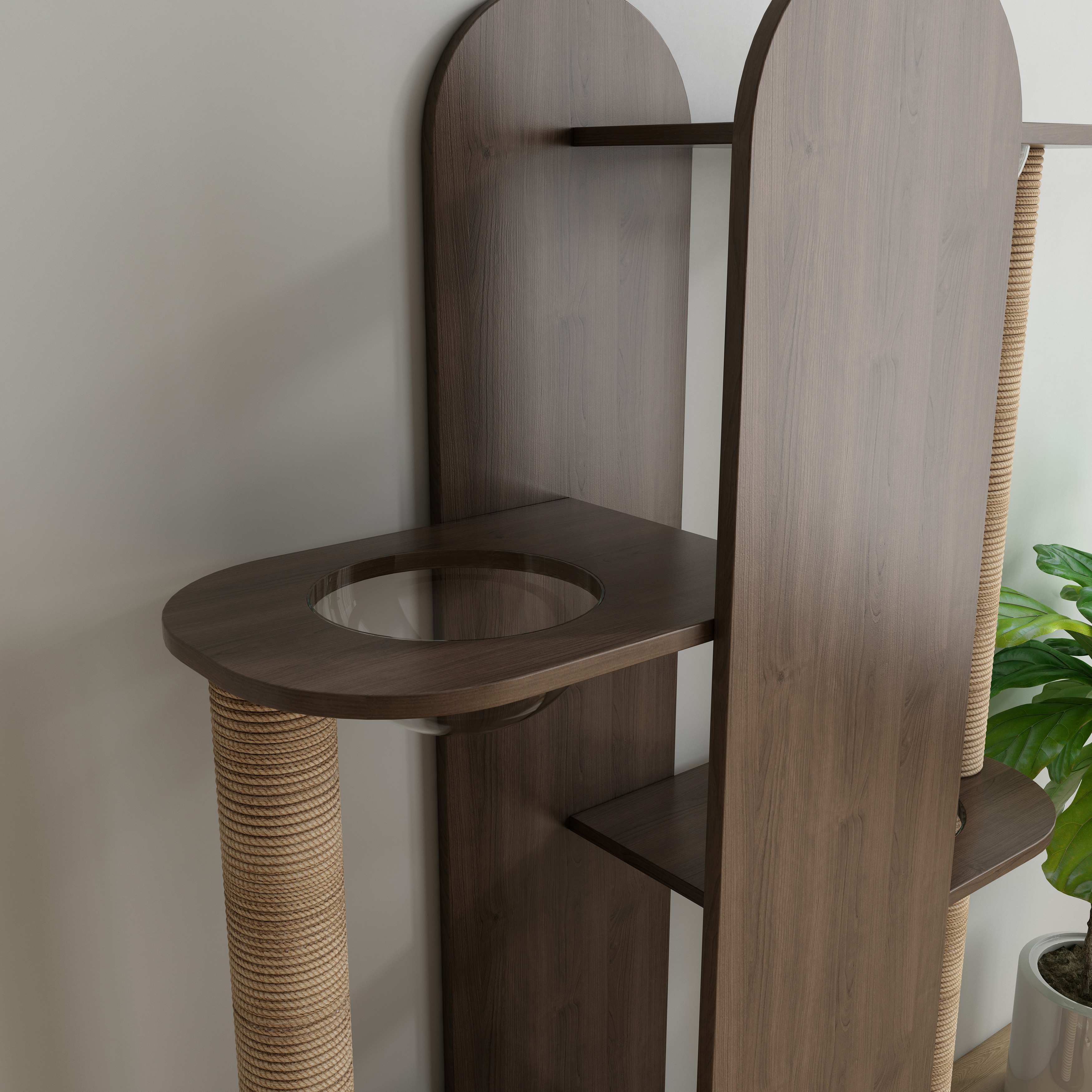 Tall Modern Wooden Cat Tower with Sisal Scratching Posts & Transparent Bubble Perches