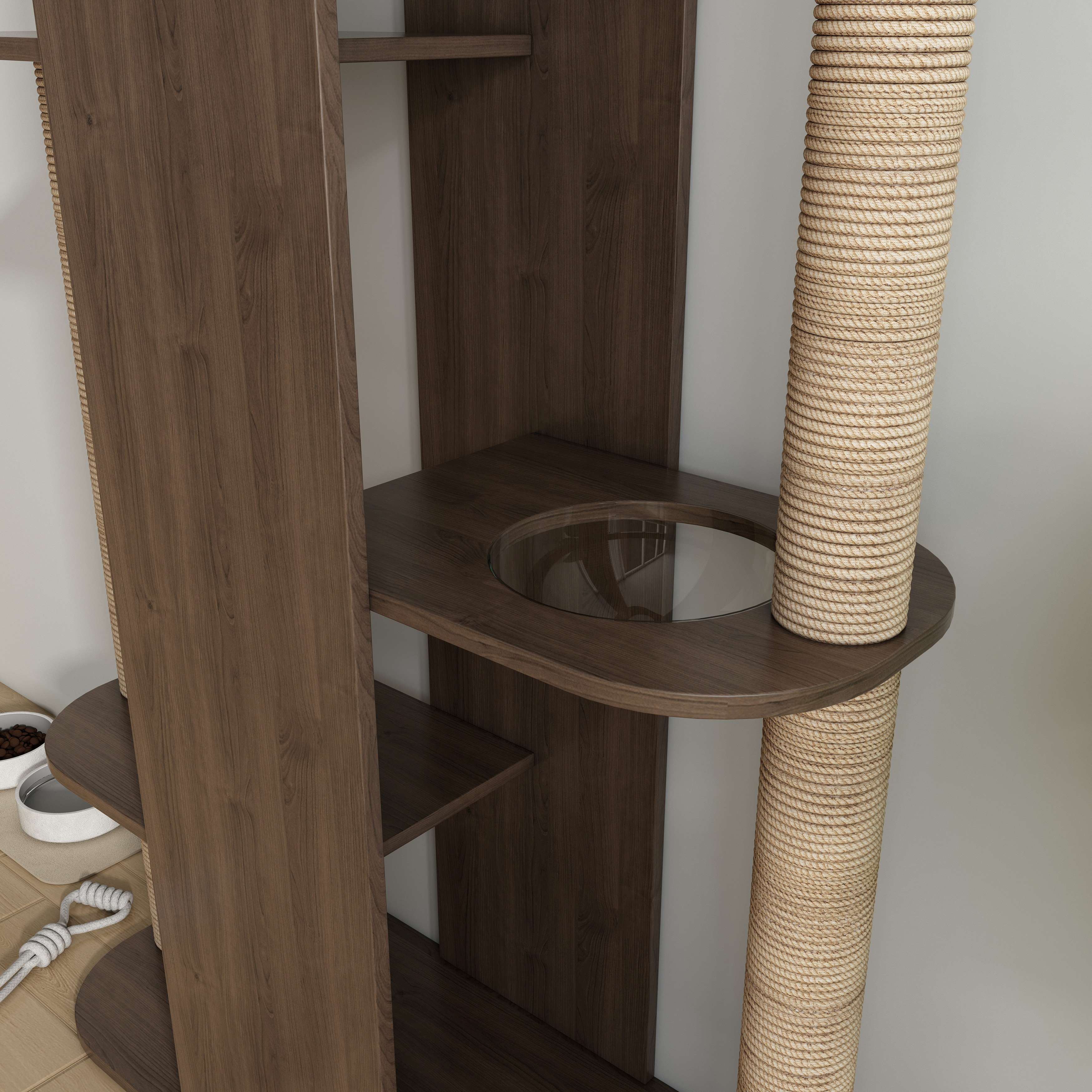 Tall Modern Wooden Cat Tower with Sisal Scratching Posts & Transparent Bubble Perches