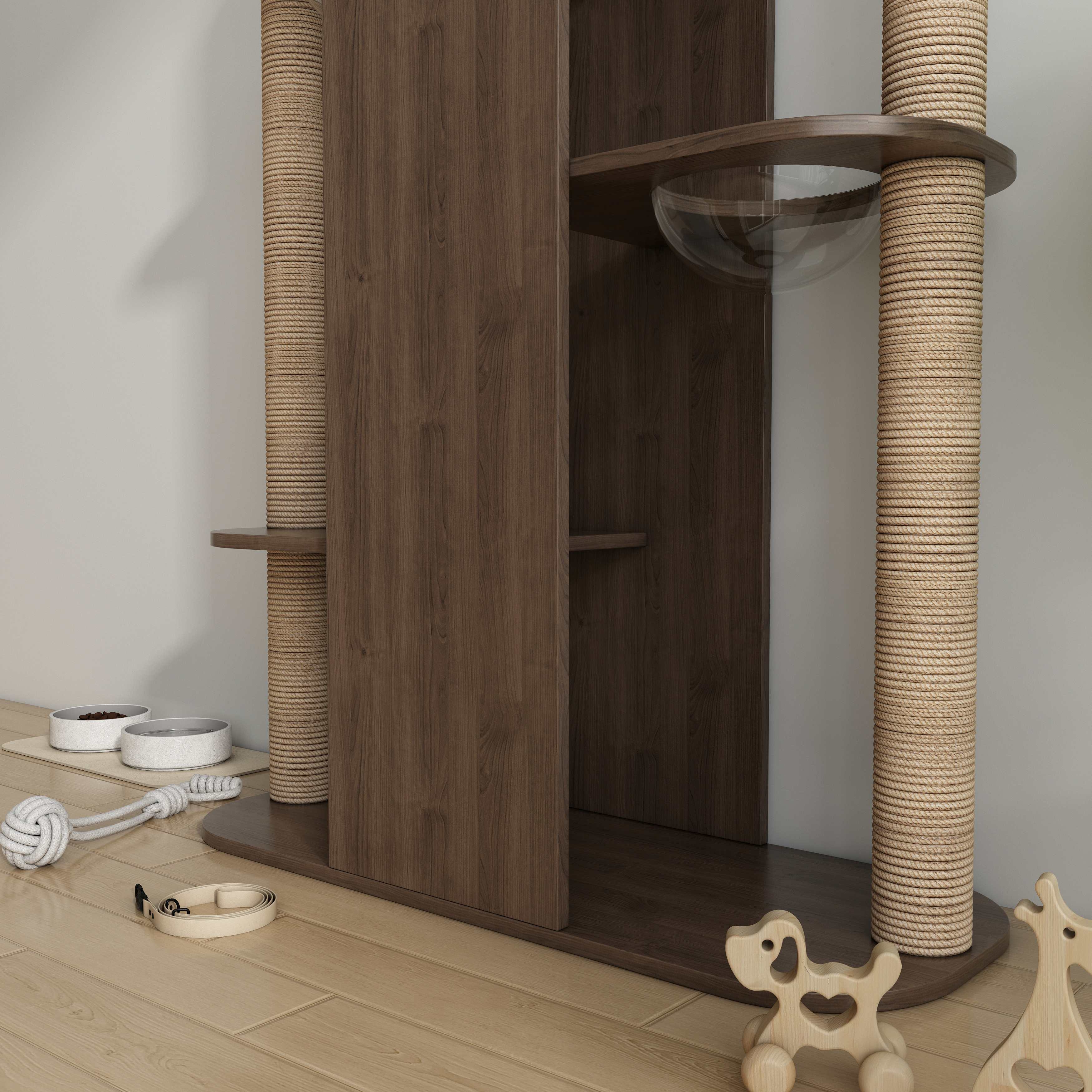 Tall Modern Wooden Cat Tower with Sisal Scratching Posts & Transparent Bubble Perches