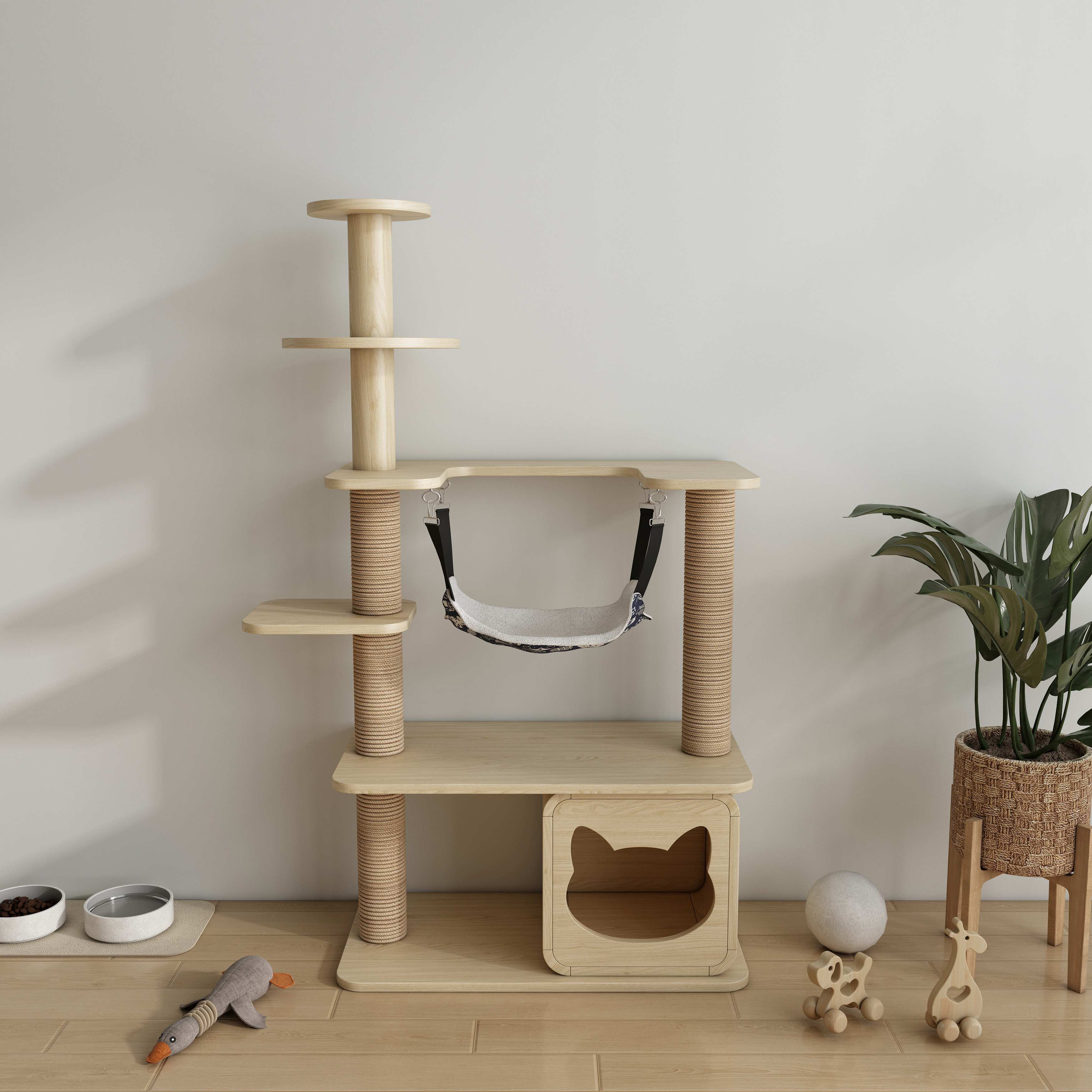 Multi‑Level Wooden Cat Tree with Sisal Posts, Hanging Hammock & Cat‑Ear Hideaway