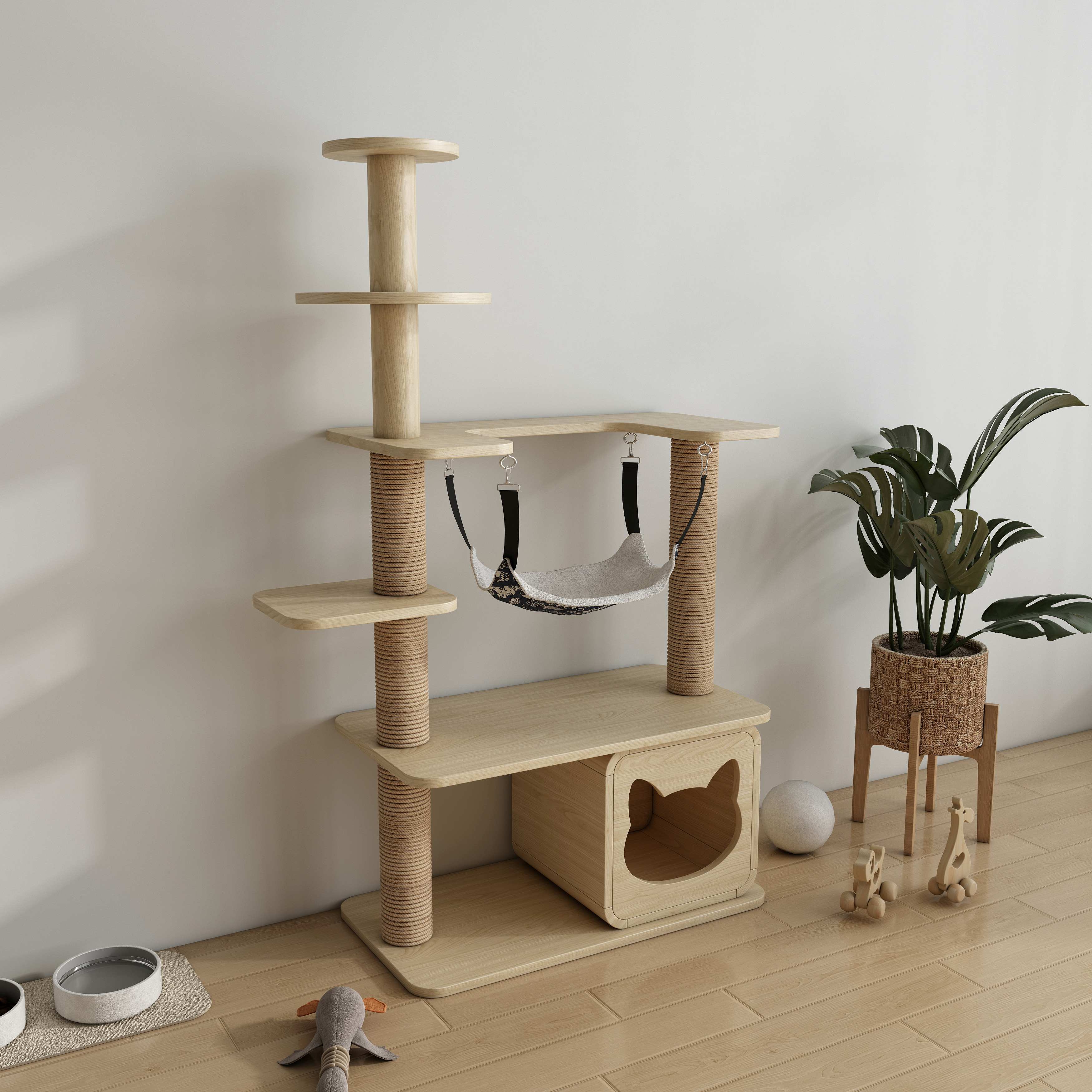 Multi‑Level Wooden Cat Tree with Sisal Posts, Hanging Hammock & Cat‑Ear Hideaway