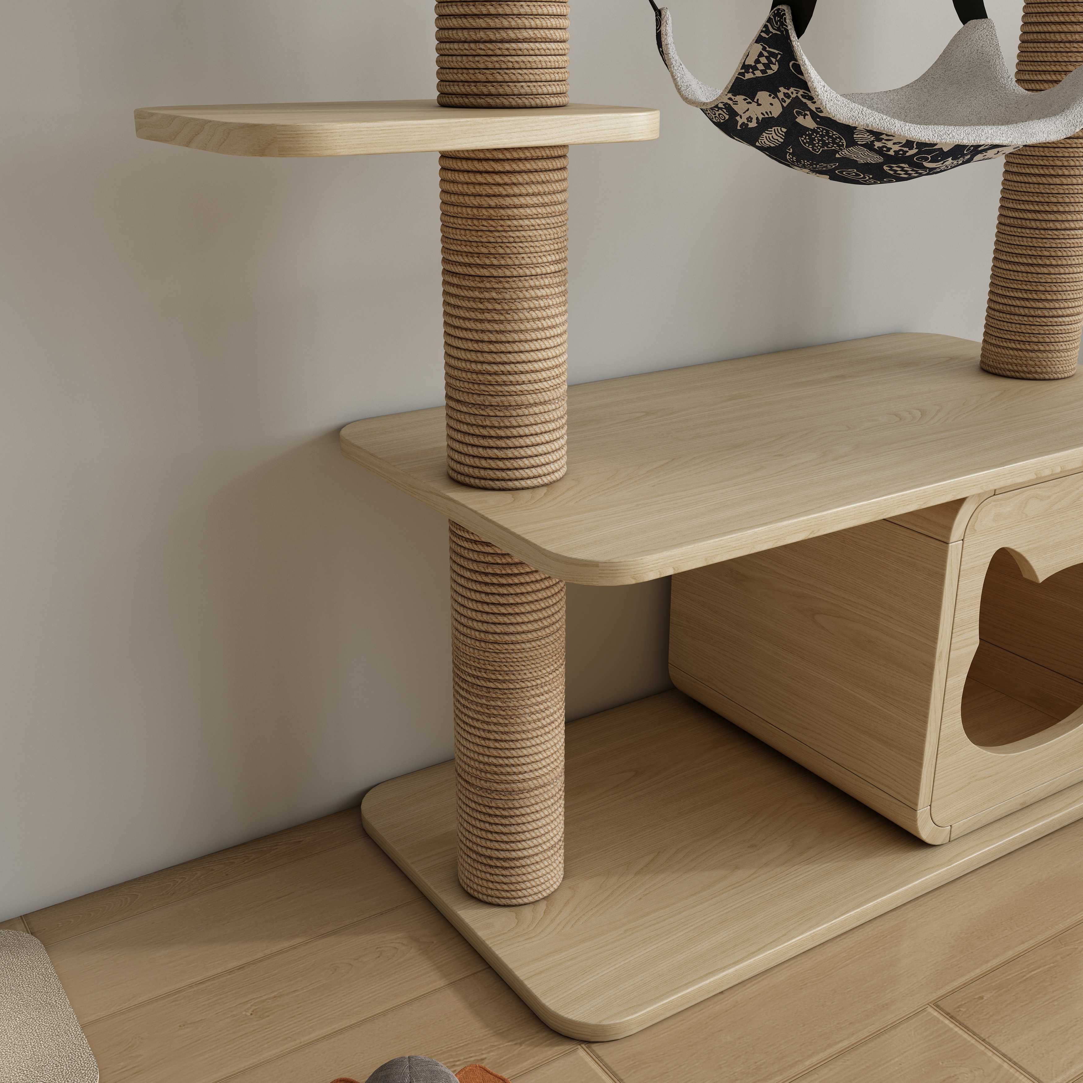Multi‑Level Wooden Cat Tree with Sisal Posts, Hanging Hammock & Cat‑Ear Hideaway