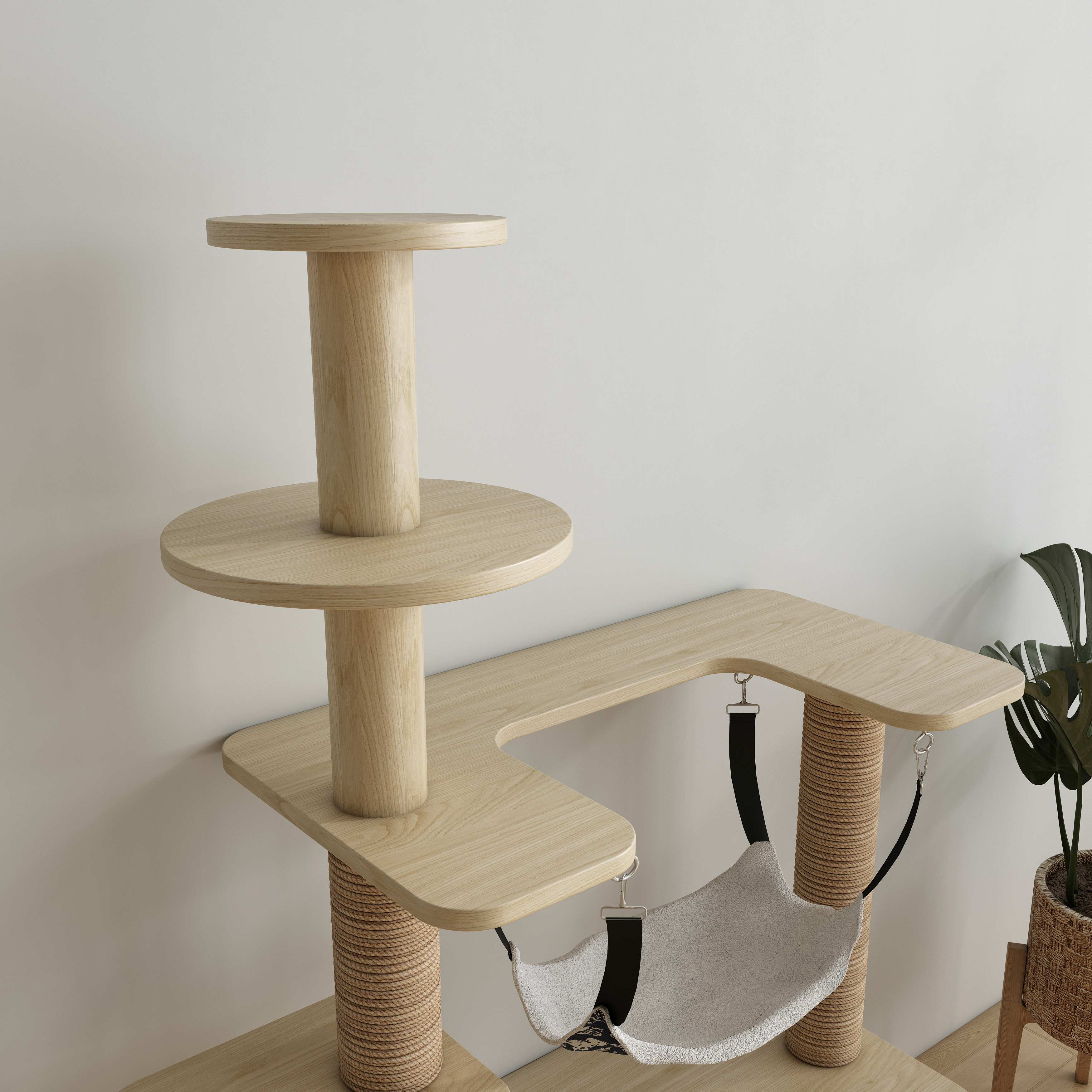 Multi‑Level Wooden Cat Tree with Sisal Posts, Hanging Hammock & Cat‑Ear Hideaway