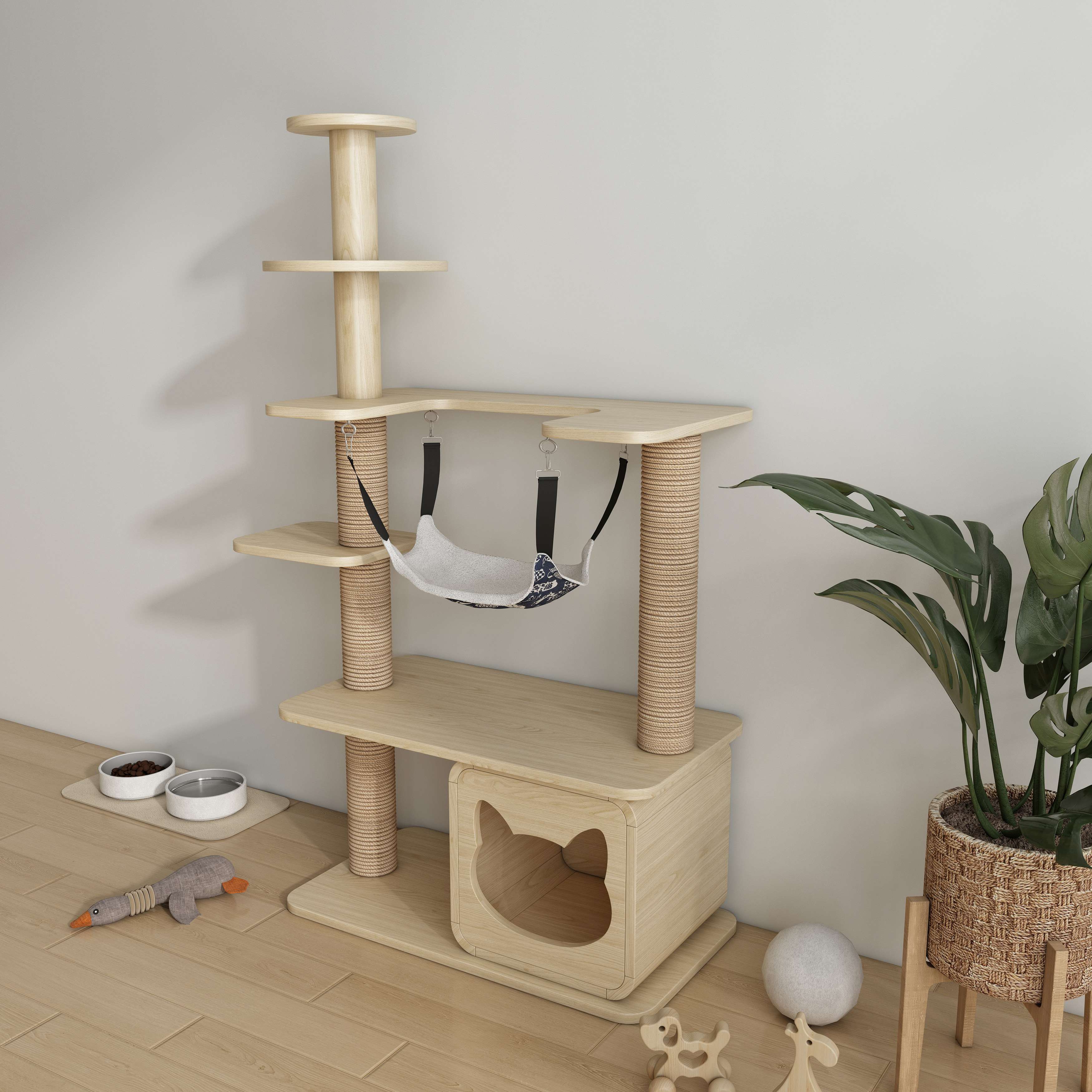 Multi‑Level Wooden Cat Tree with Sisal Posts, Hanging Hammock & Cat‑Ear Hideaway