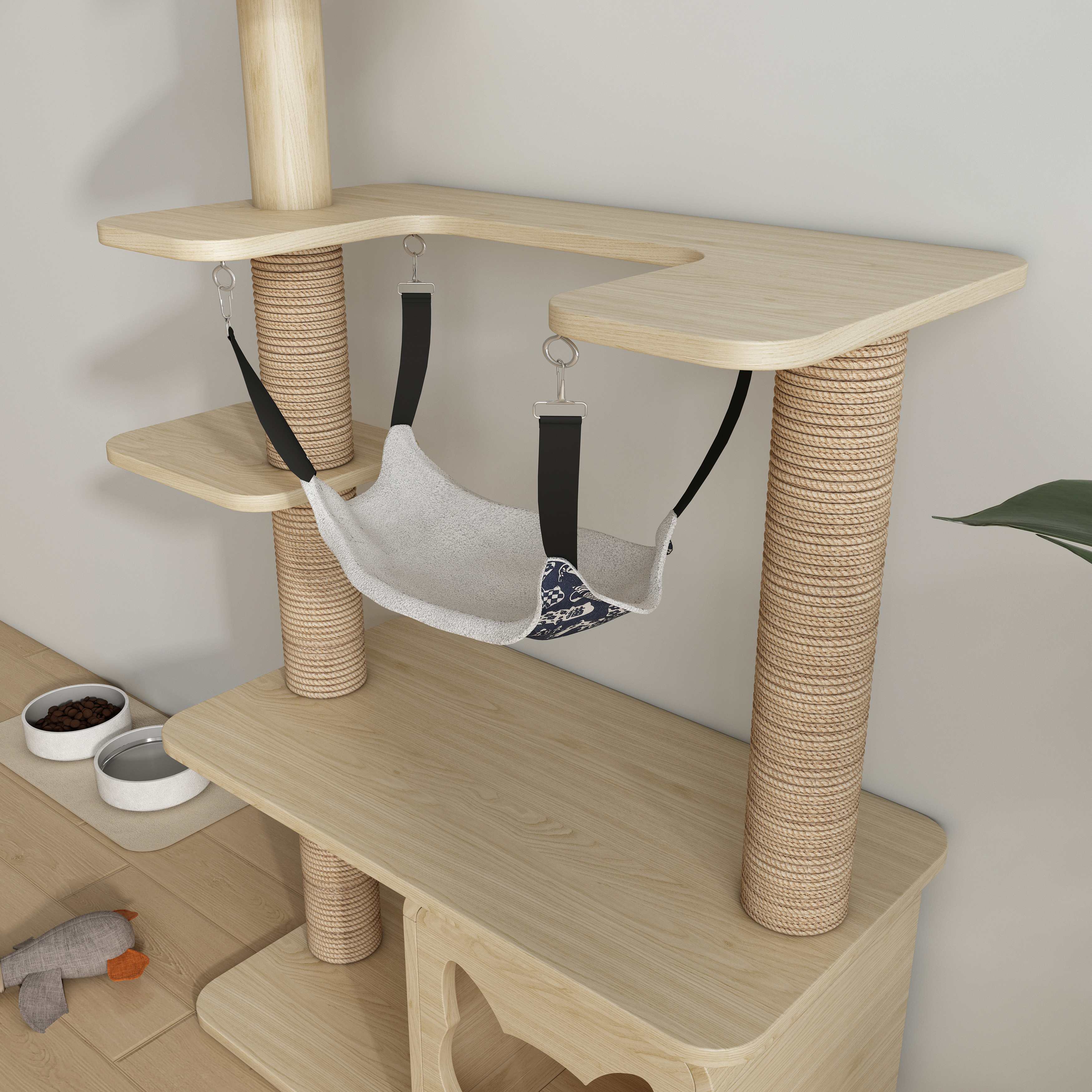 Multi‑Level Wooden Cat Tree with Sisal Posts, Hanging Hammock & Cat‑Ear Hideaway