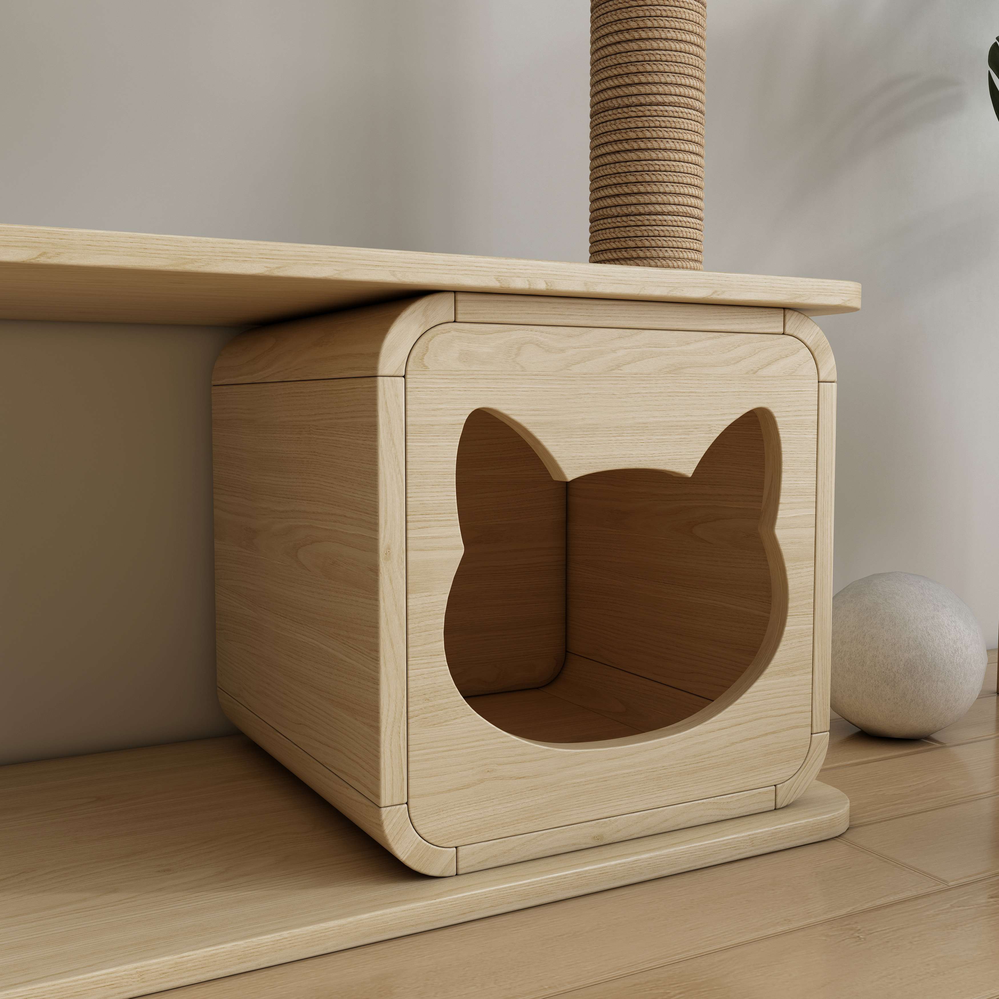 Multi‑Level Wooden Cat Tree with Sisal Posts, Hanging Hammock & Cat‑Ear Hideaway