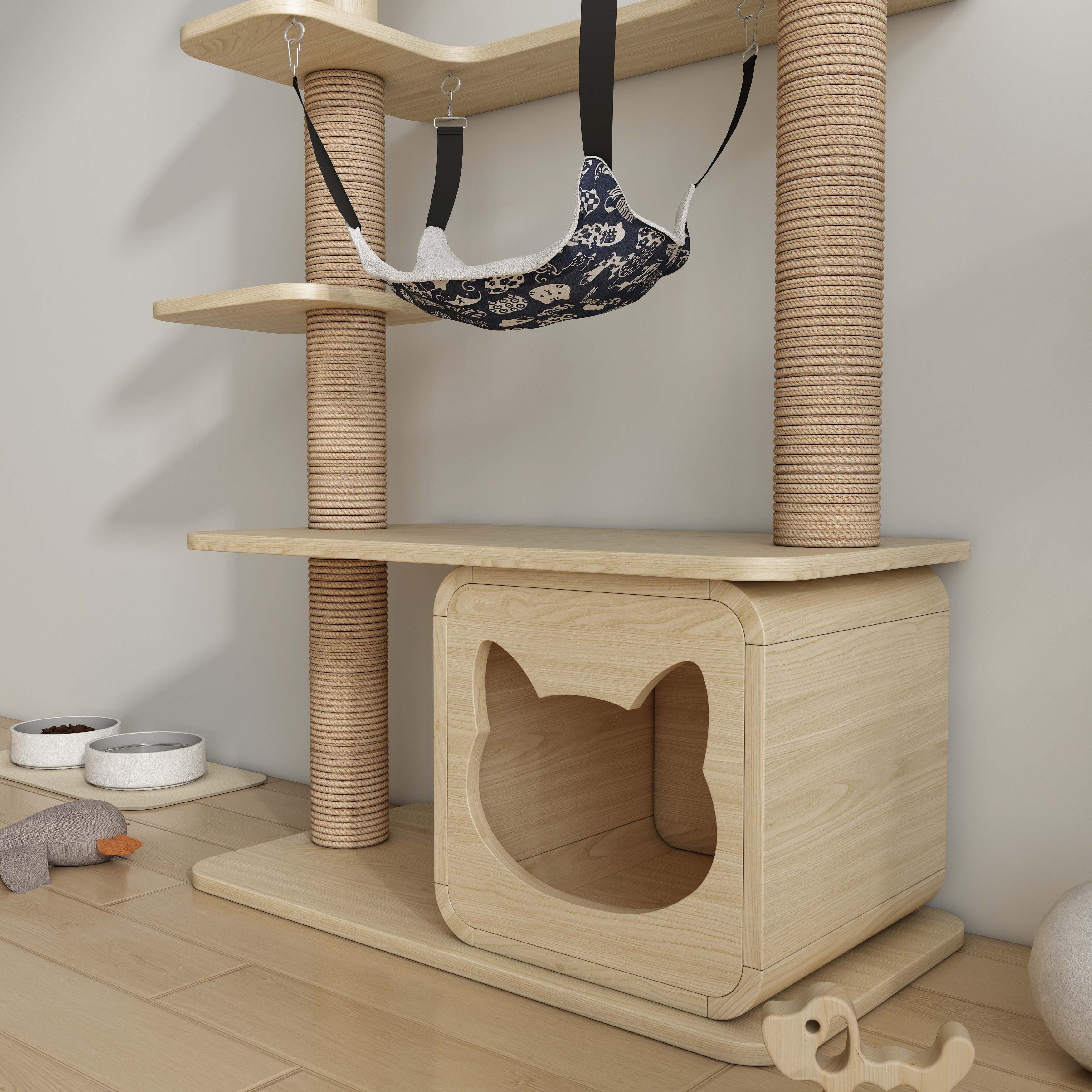 Multi‑Level Wooden Cat Tree with Sisal Posts, Hanging Hammock & Cat‑Ear Hideaway