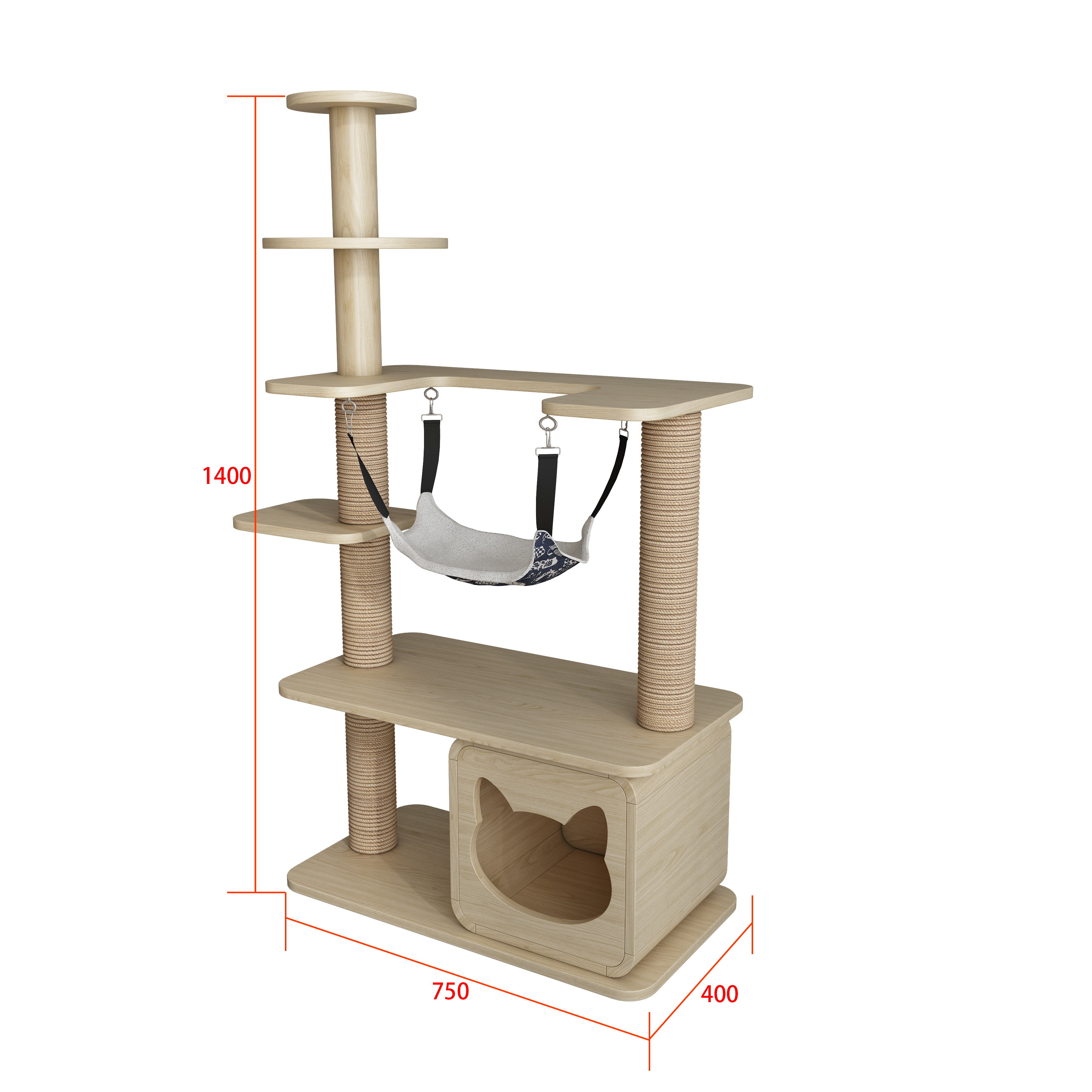 Multi‑Level Wooden Cat Tree with Sisal Posts, Hanging Hammock & Cat‑Ear Hideaway