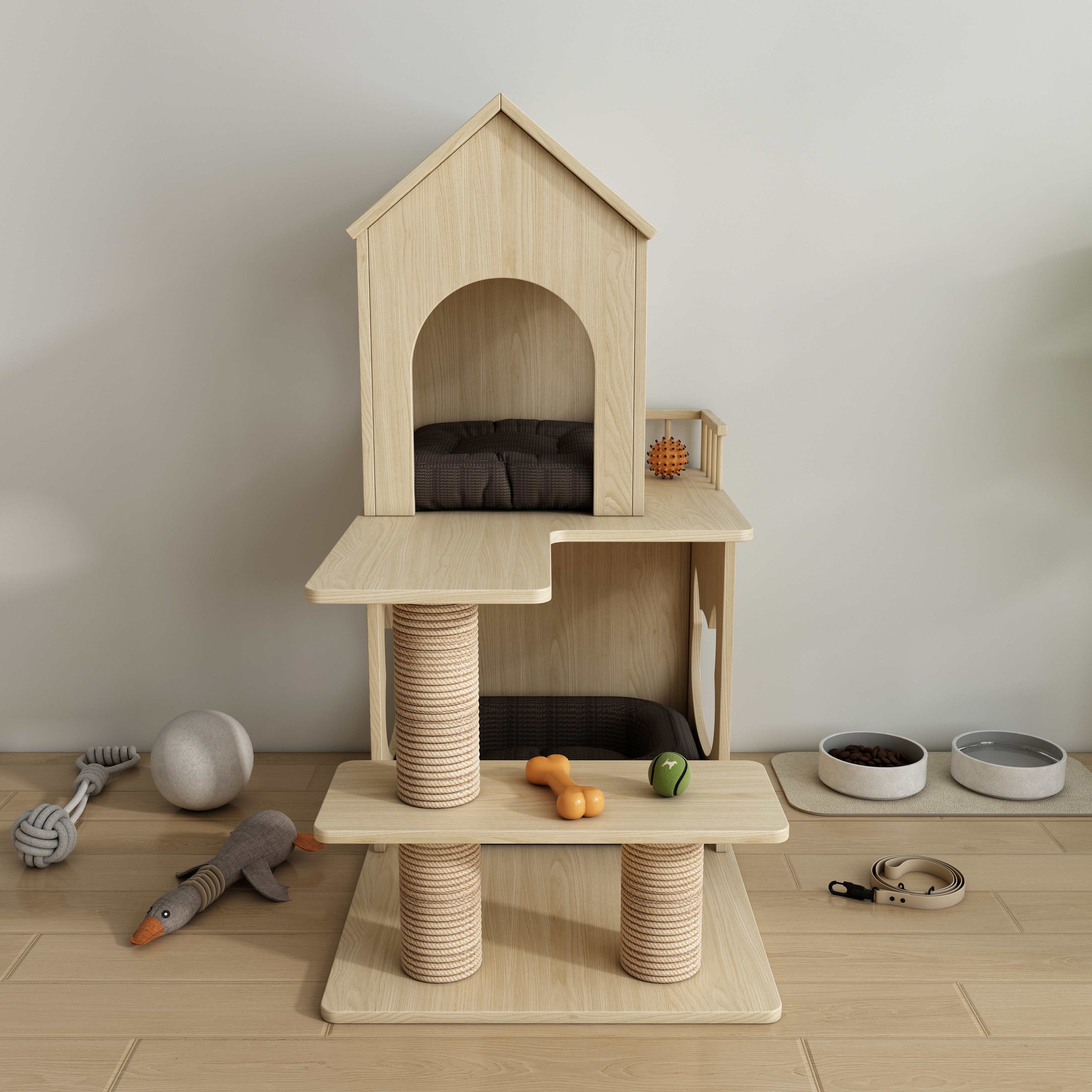Natural Wood Cat House Tree with Sisal Scratching Posts, Multi‑Level Perches & Cozy Beds