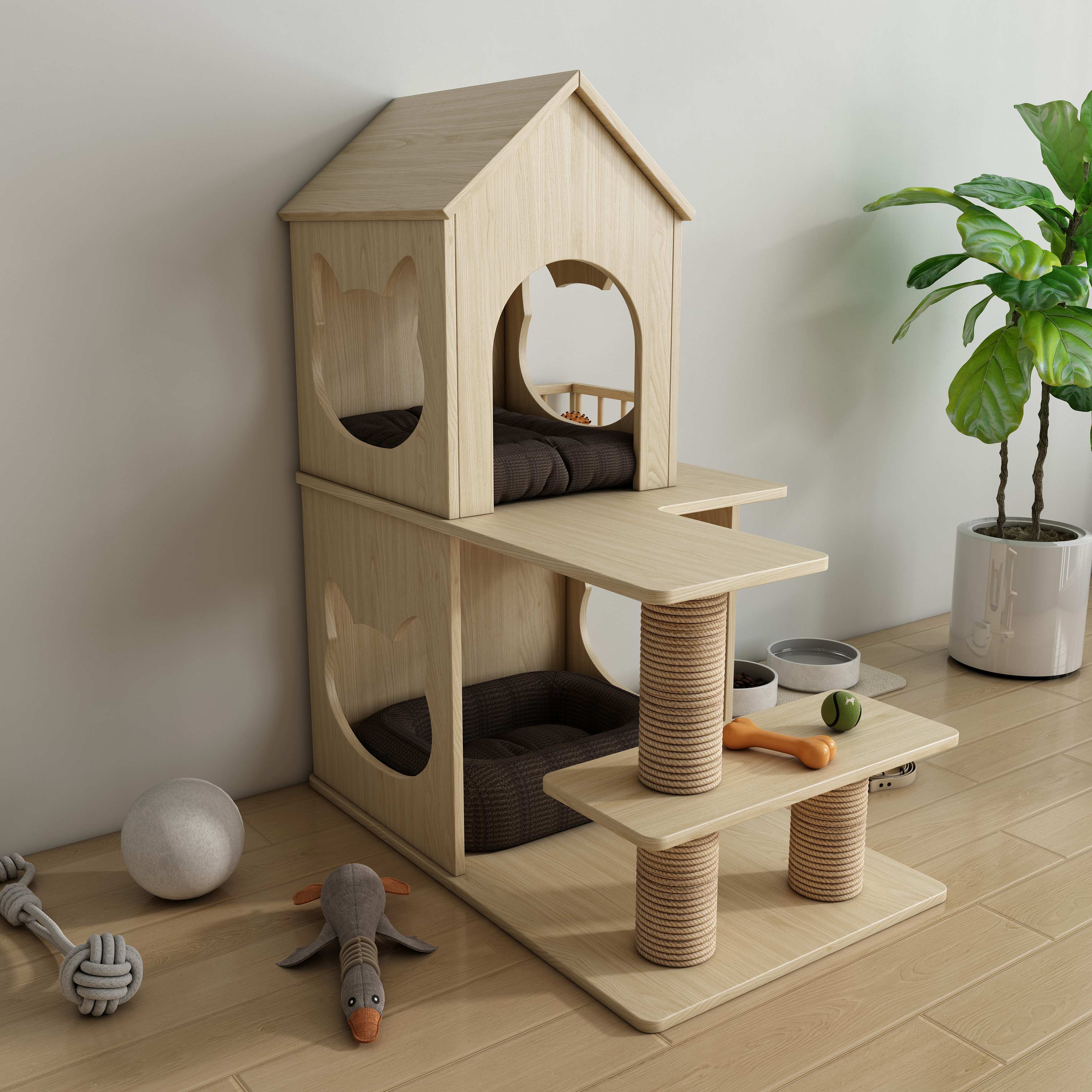 Natural Wood Cat House Tree with Sisal Scratching Posts, Multi‑Level Perches & Cozy Beds