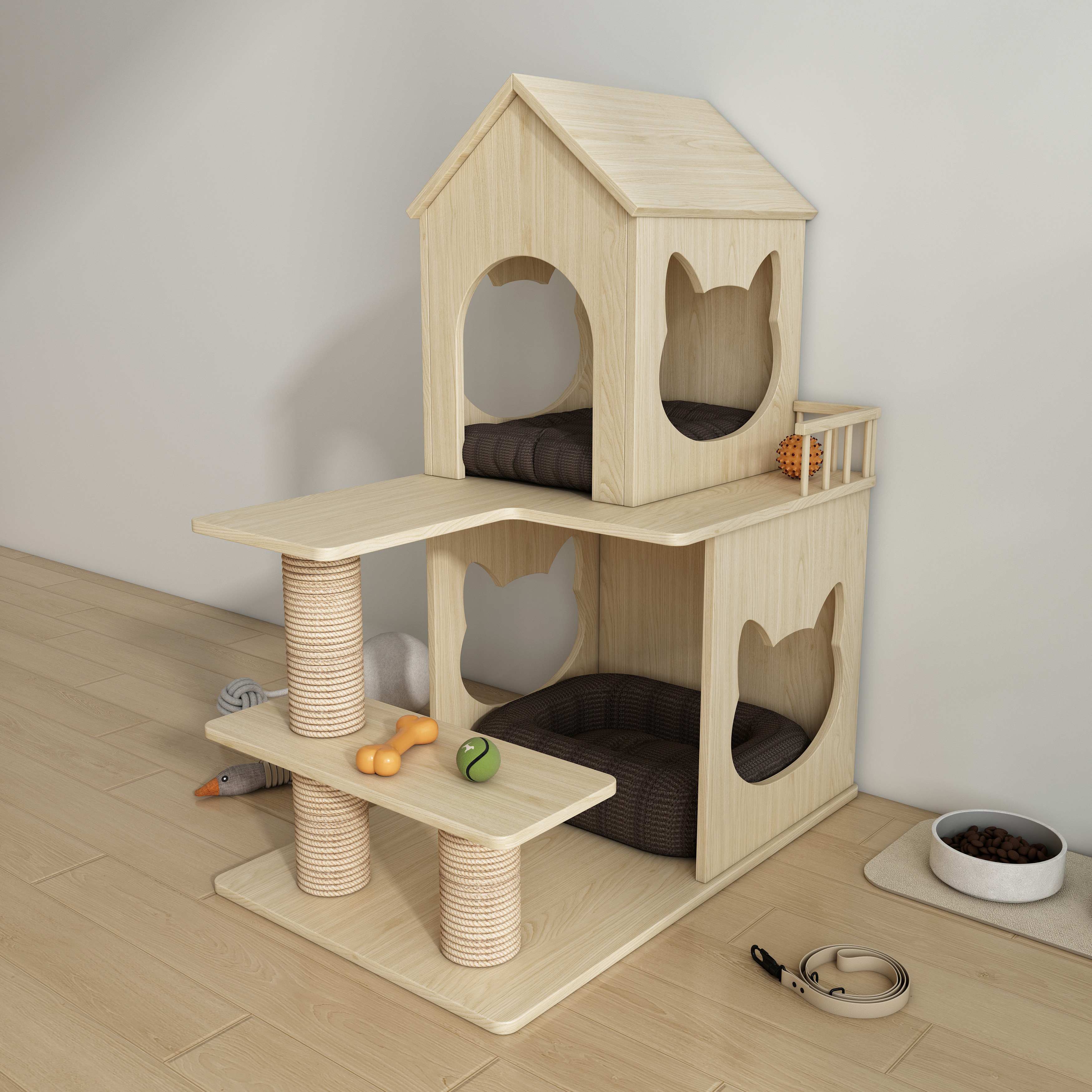 Natural Wood Cat House Tree with Sisal Scratching Posts, Multi‑Level Perches & Cozy Beds
