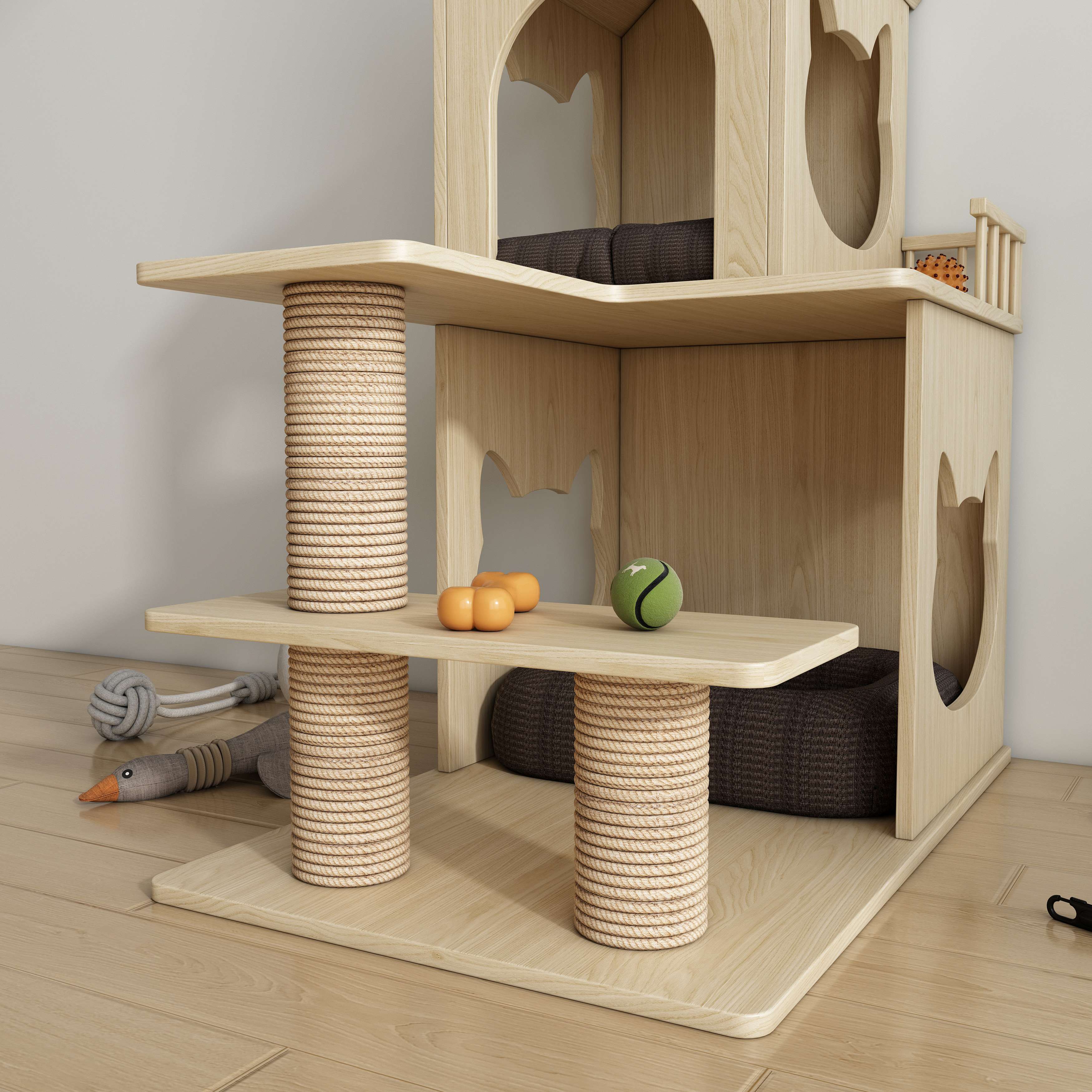 Natural Wood Cat House Tree with Sisal Scratching Posts, Multi‑Level Perches & Cozy Beds