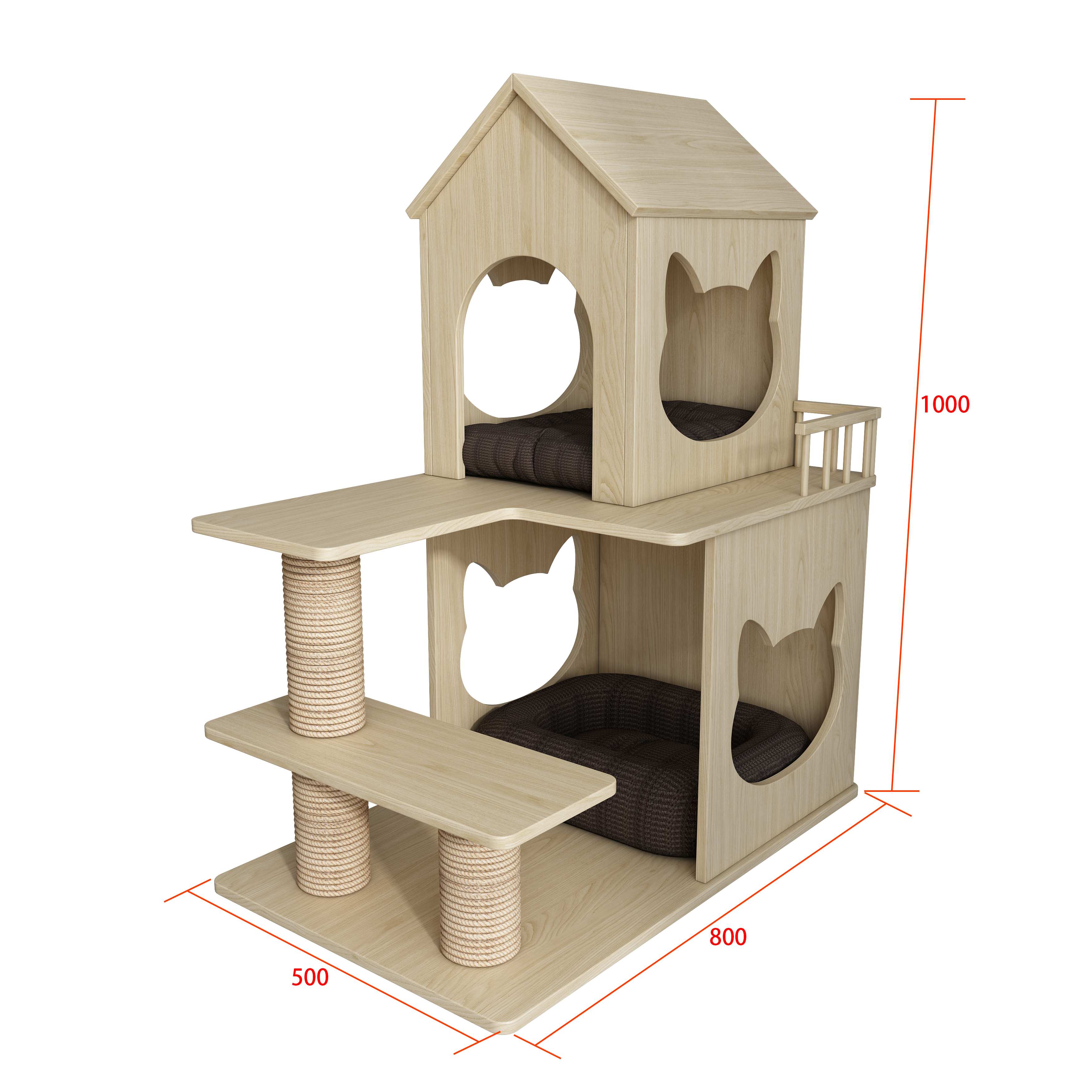Natural Wood Cat House Tree with Sisal Scratching Posts, Multi‑Level Perches & Cozy Beds