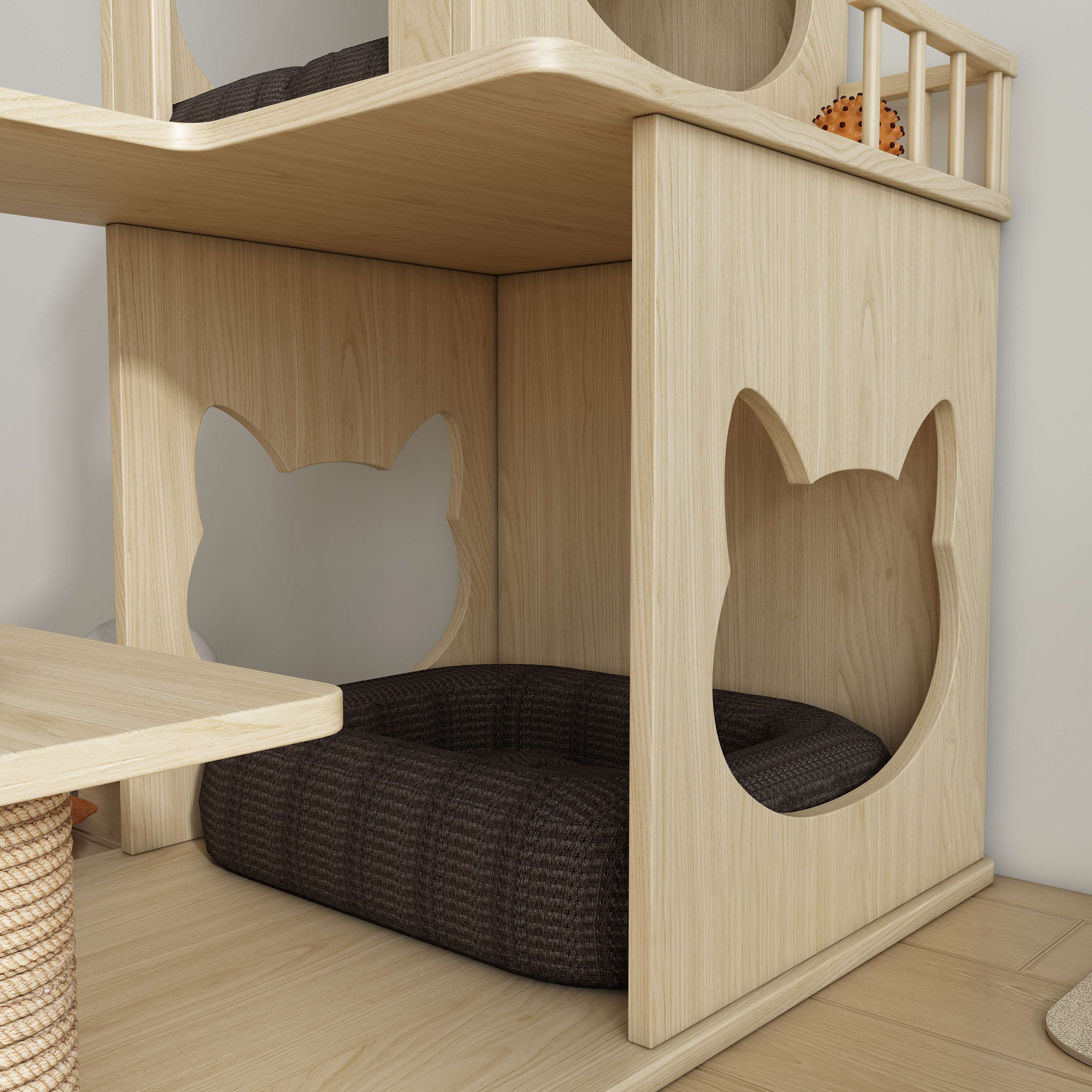 Natural Wood Cat House Tree with Sisal Scratching Posts, Multi‑Level Perches & Cozy Beds