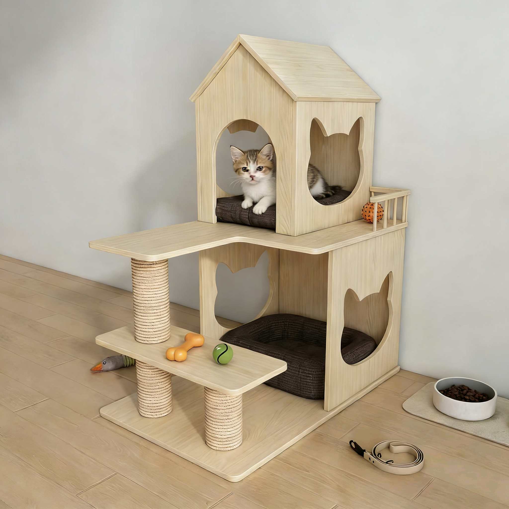 Natural Wood Cat House Tree with Sisal Scratching Posts, Multi‑Level Perches & Cozy Beds