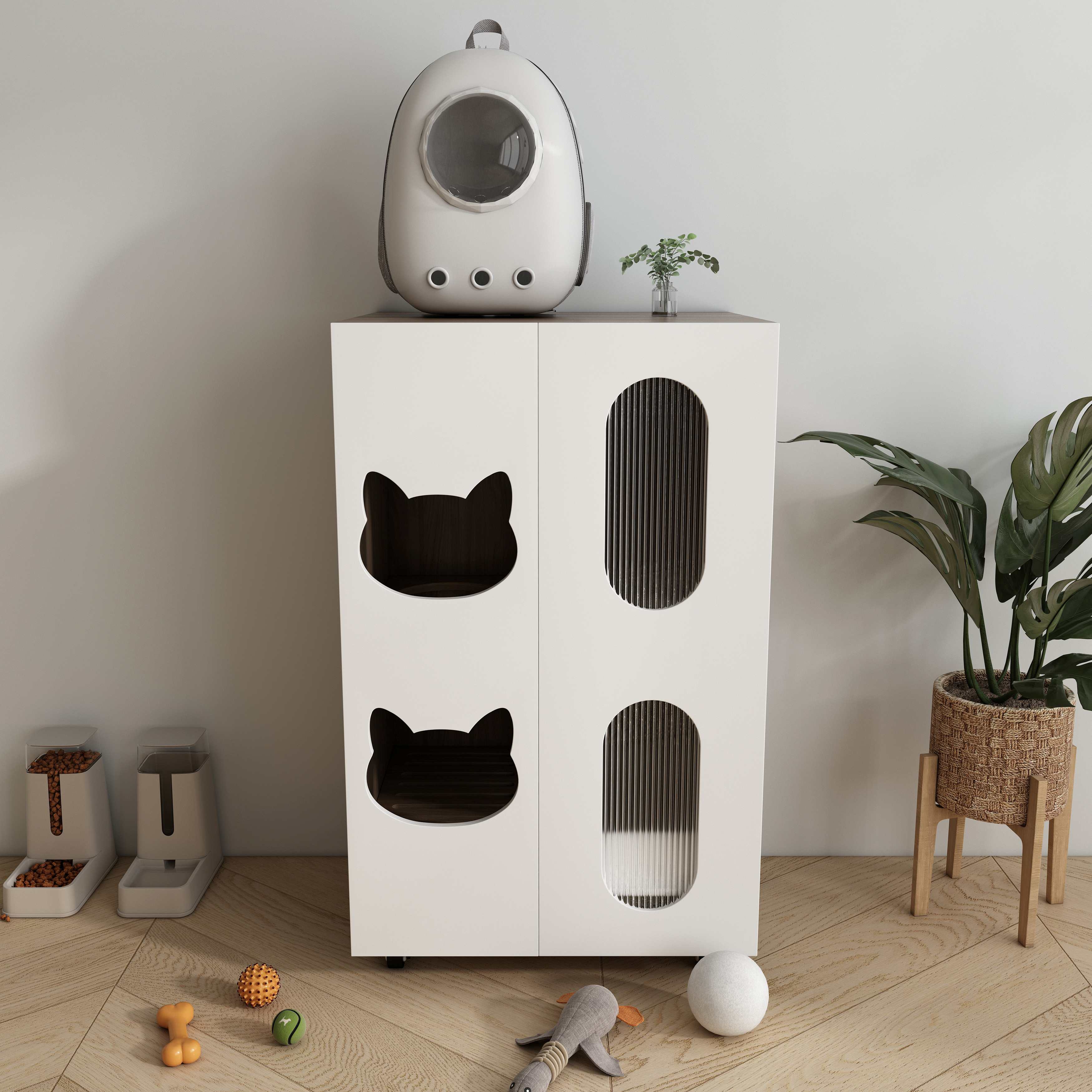 Modern White Cat Litter Box Cabinet with Cat‑Ear Cutouts, Fluted Doors & Storage Space