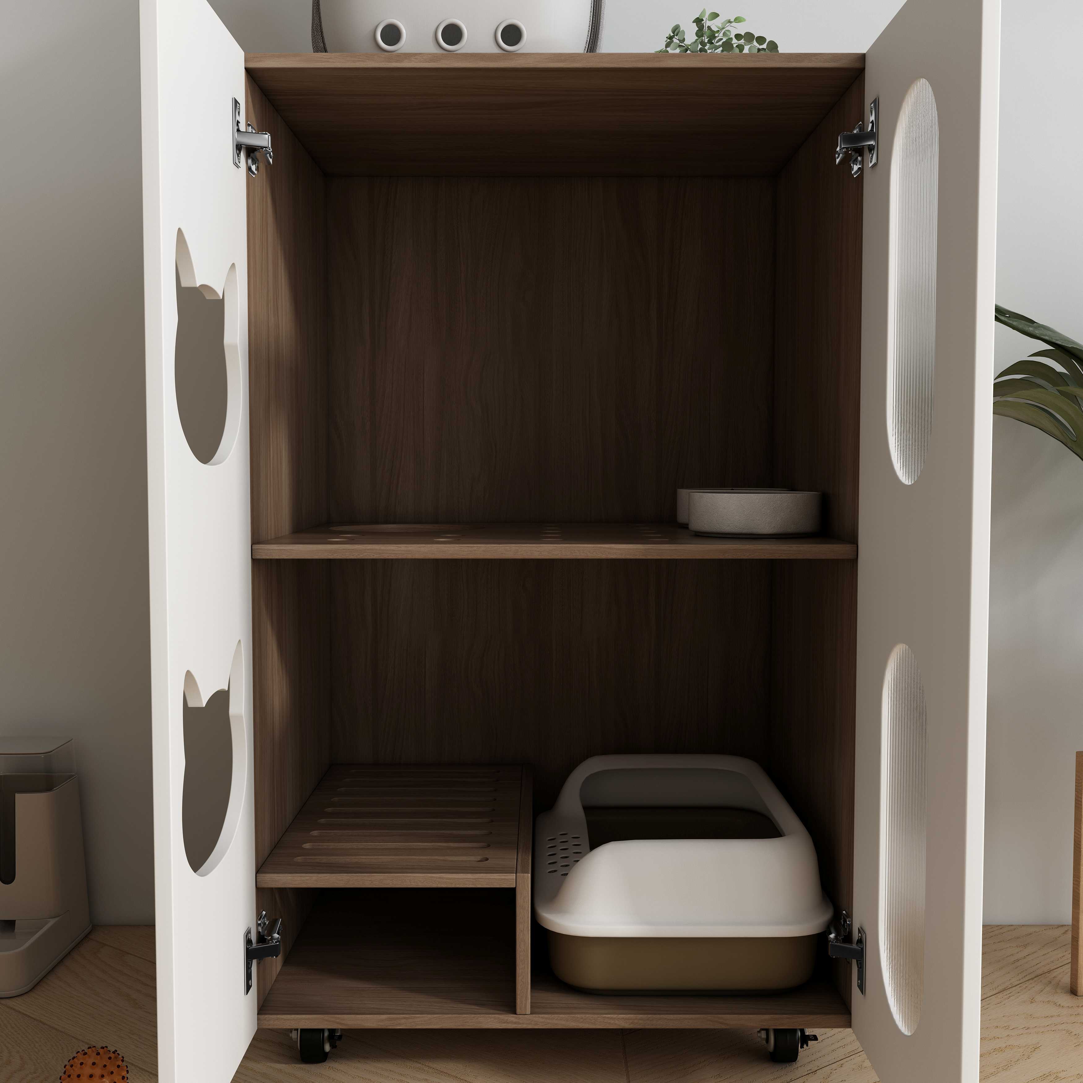 Modern White Cat Litter Box Cabinet with Cat‑Ear Cutouts, Fluted Doors & Storage Space