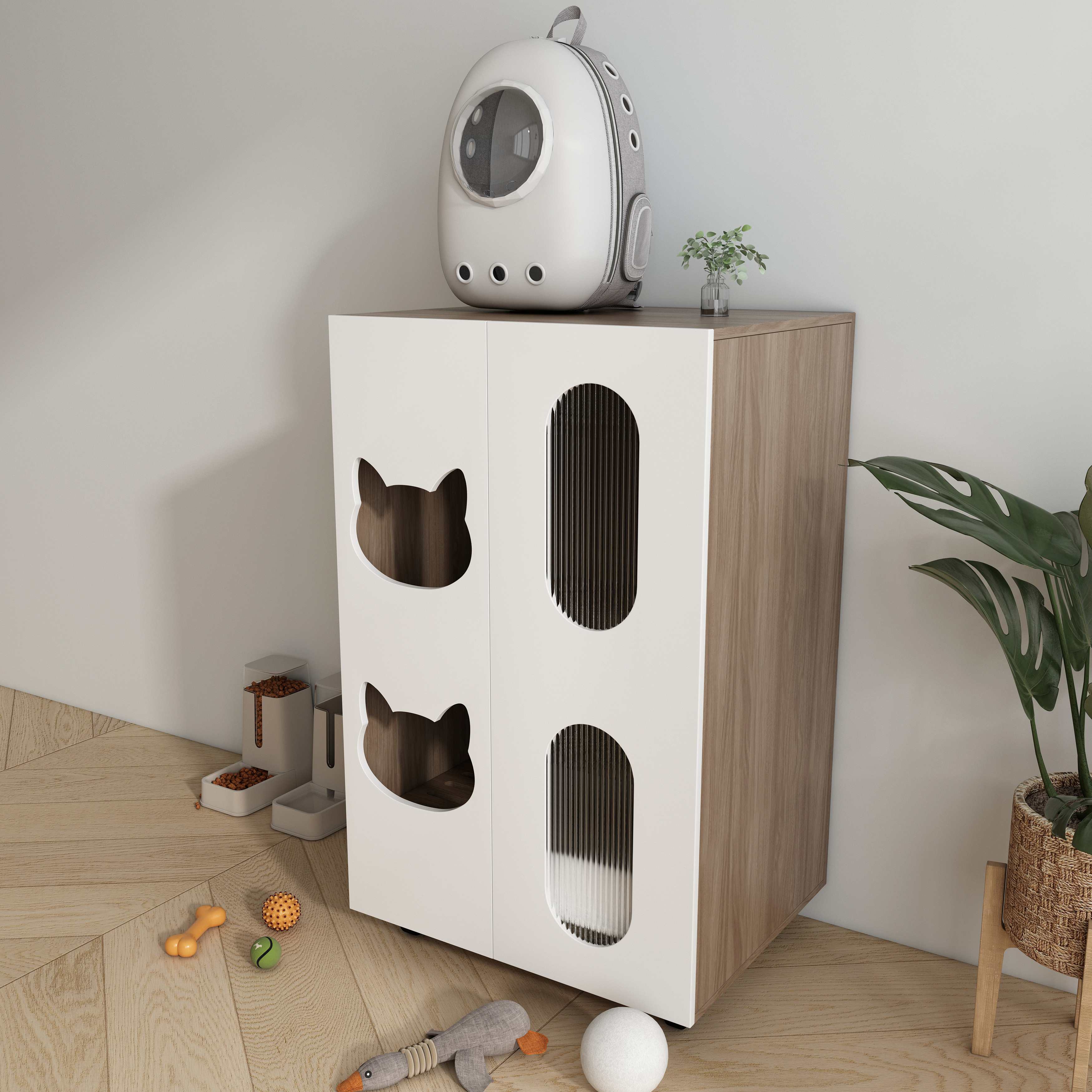 Modern White Cat Litter Box Cabinet with Cat‑Ear Cutouts, Fluted Doors & Storage Space