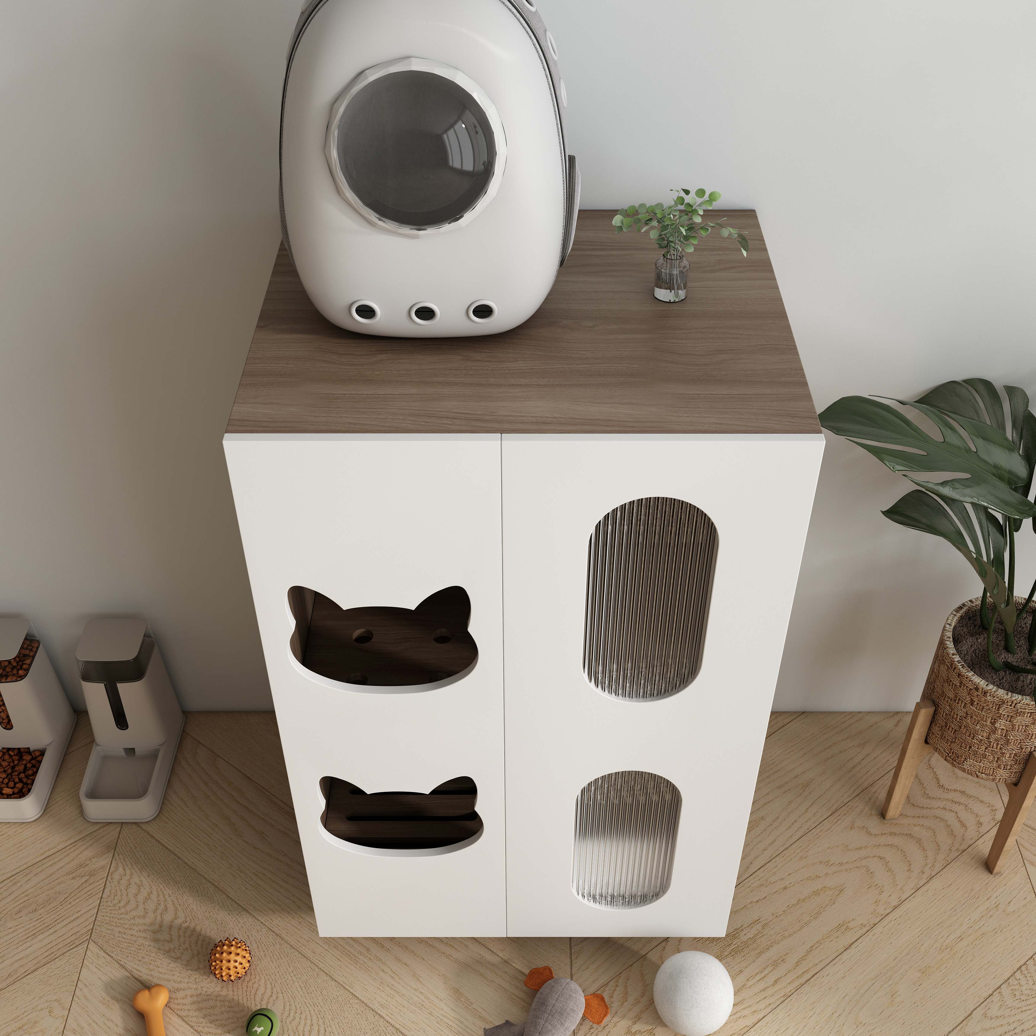 Modern White Cat Litter Box Cabinet with Cat‑Ear Cutouts, Fluted Doors & Storage Space