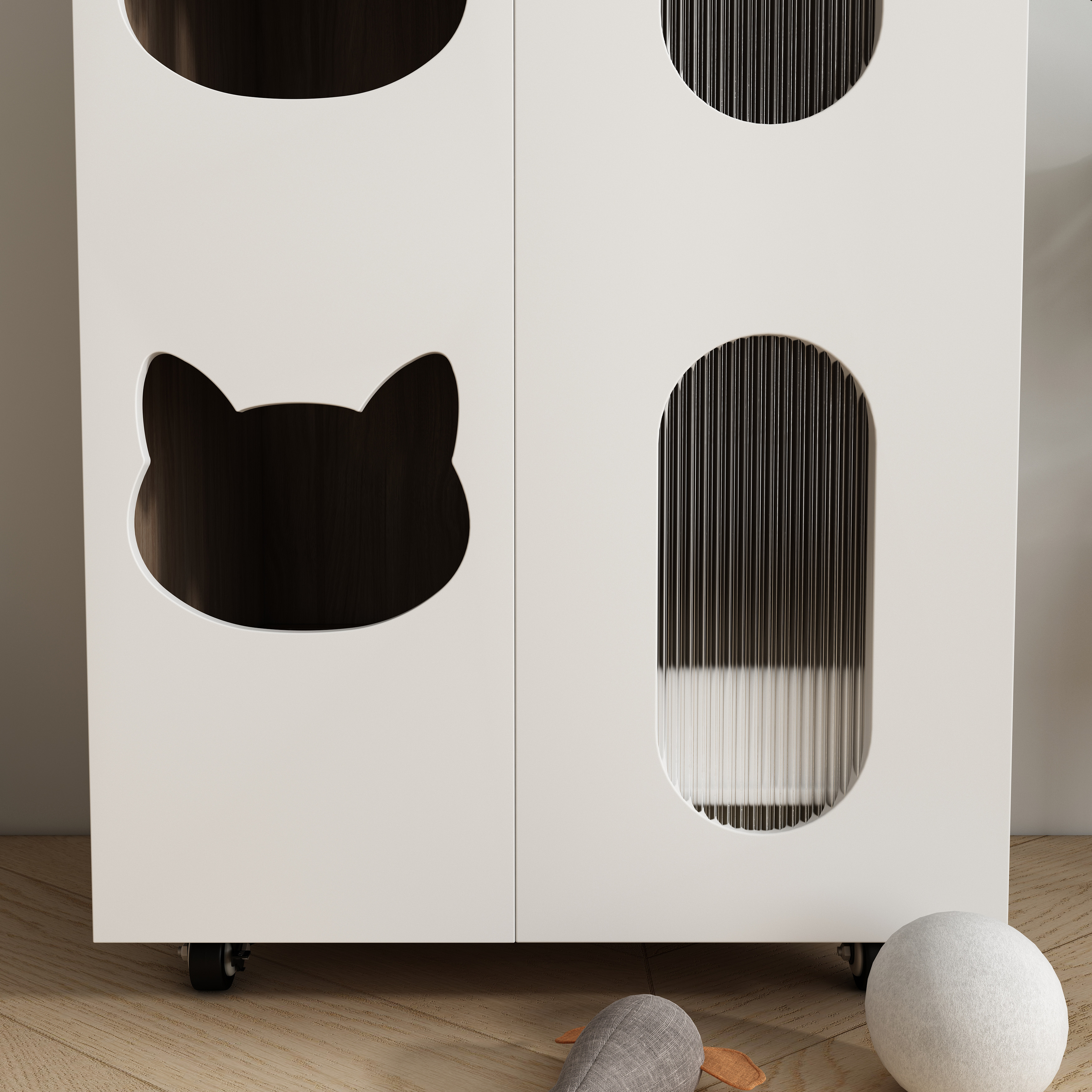 Modern White Cat Litter Box Cabinet with Cat‑Ear Cutouts, Fluted Doors & Storage Space